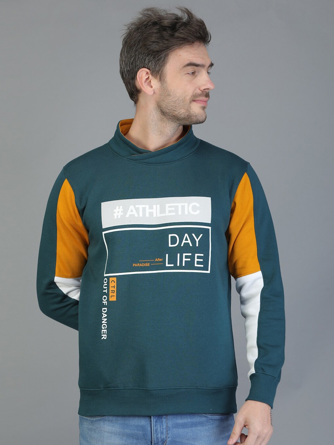 

TQS Typography Printed Cotton Mock Collar Pullover Sweatshirt, Teal