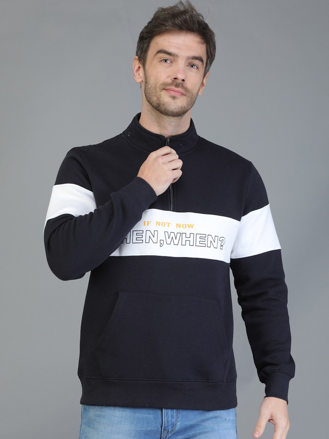 

TQS Typography Printed Cotton Front Open Sweatshirt, Navy blue