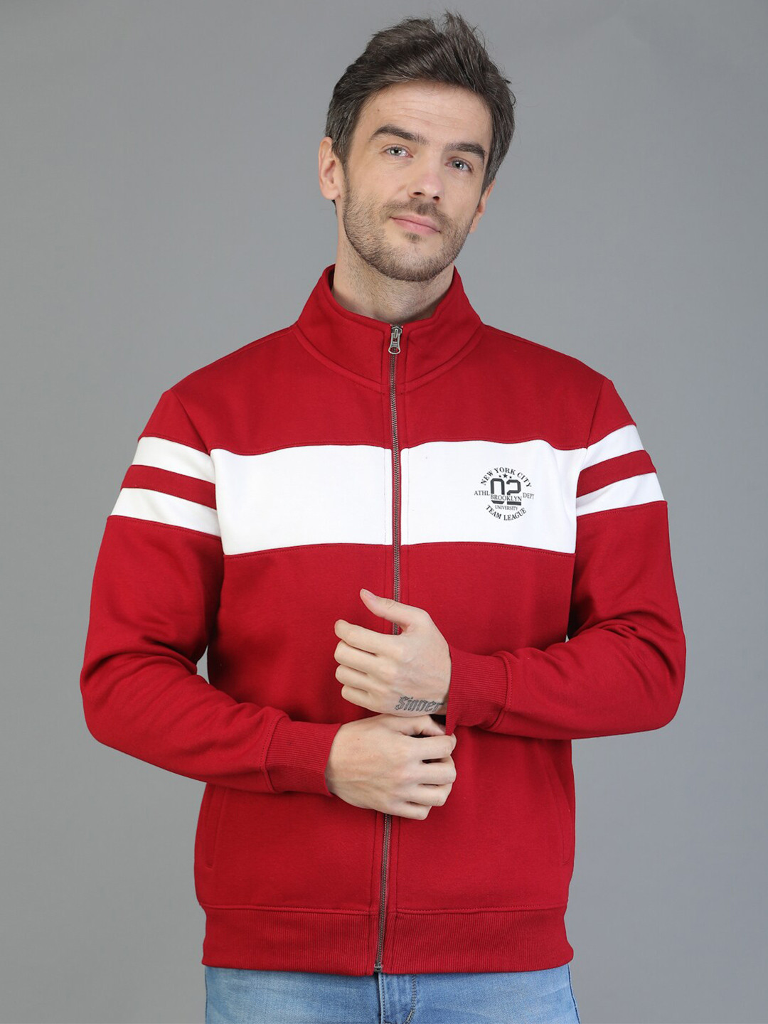

TQS Colourblocked High Neck Cotton Front Open Sweatshirt, Maroon