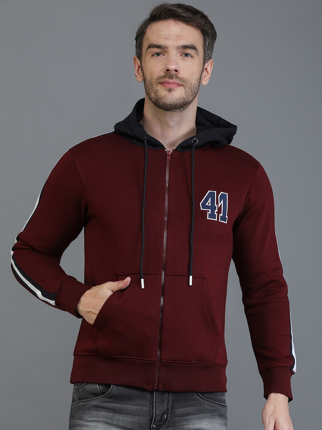 

TQS Typography Printed Hooded Fleece Front-Open Sweatshirt, Maroon