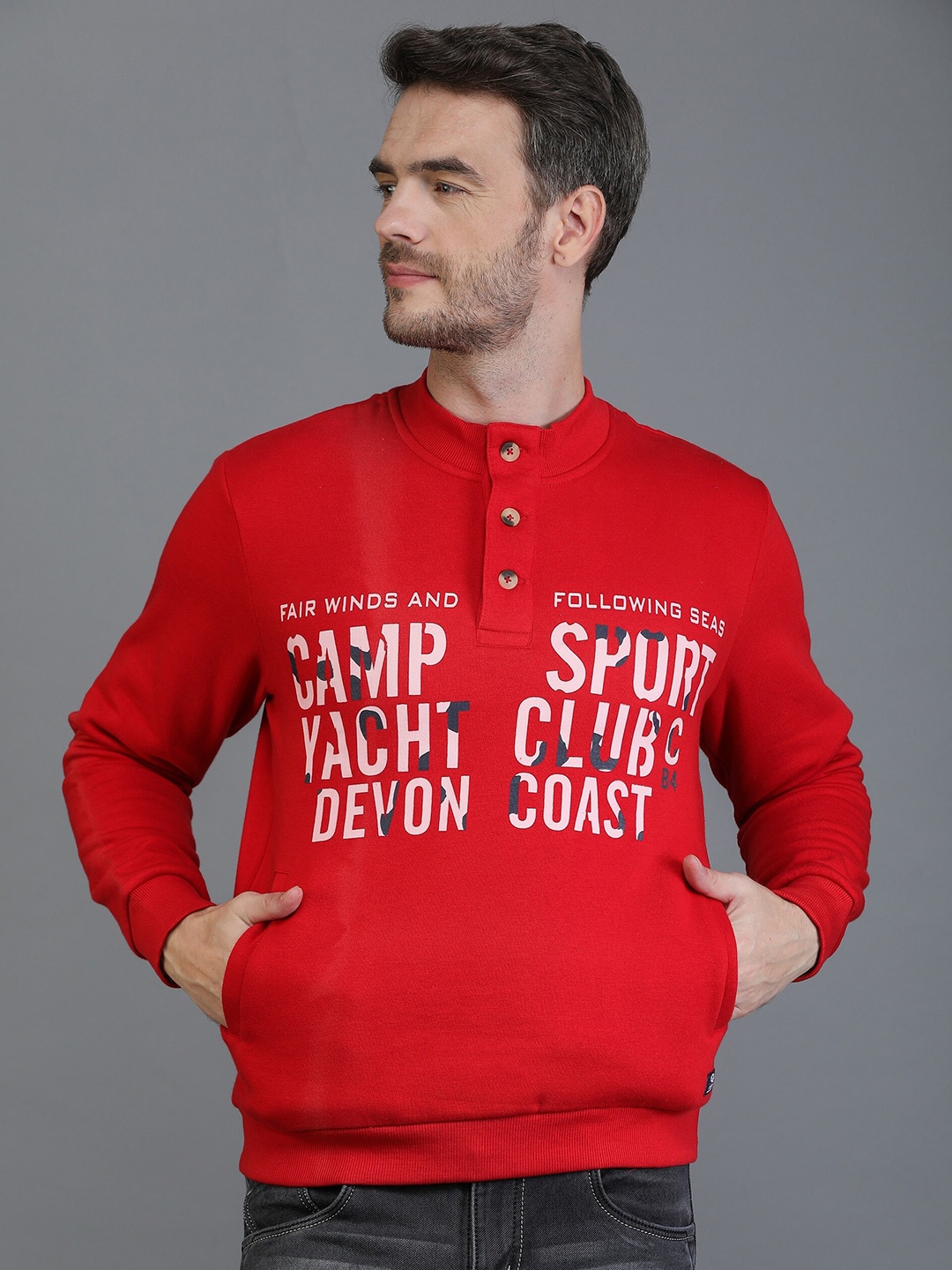 

TQS Typography Printed Mock Collar Fleece Pullover Sweatshirt, Red