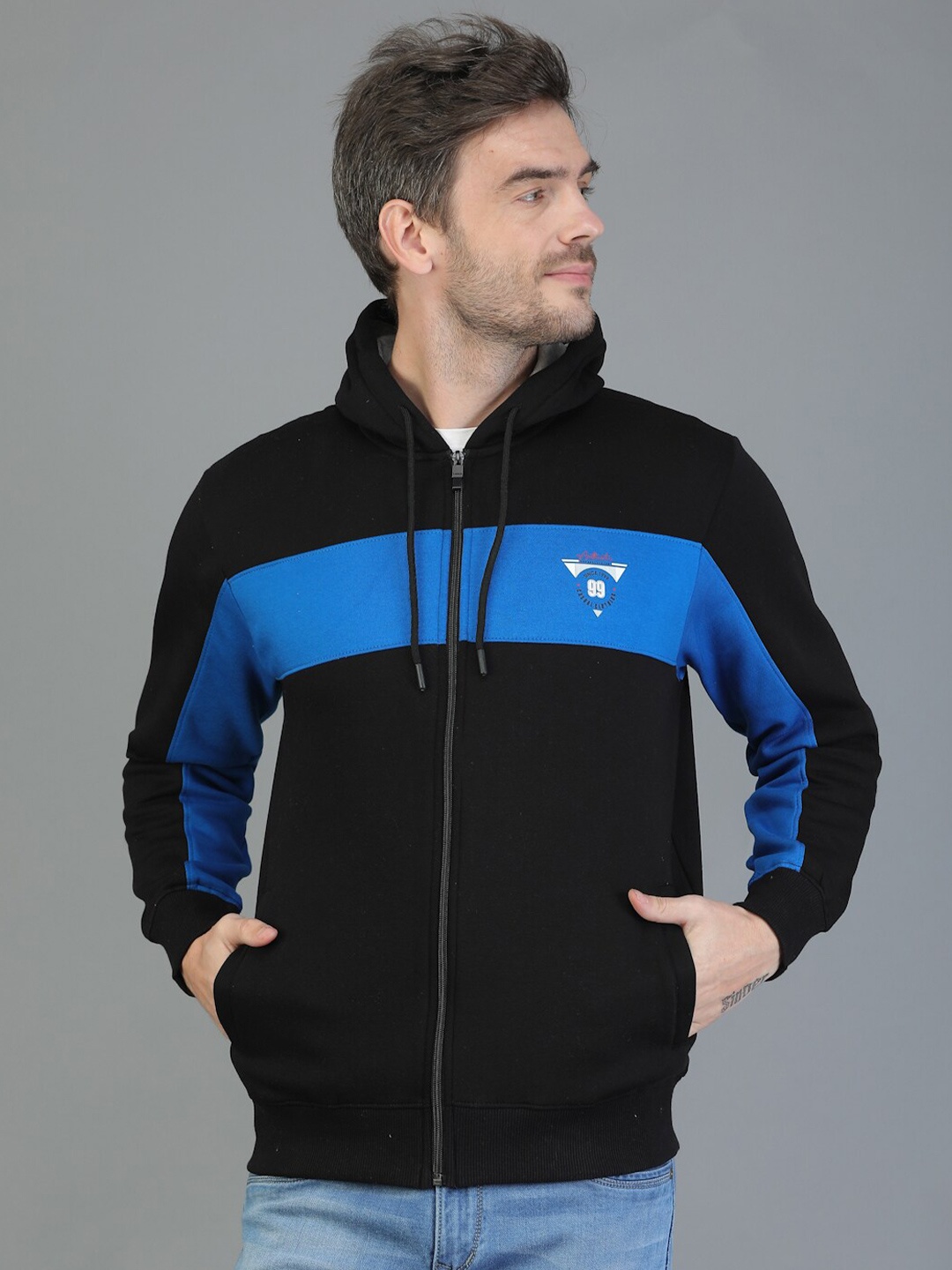

TQS Men Colourblocked Hooded Cotton Front-Open Sweatshirt, Black