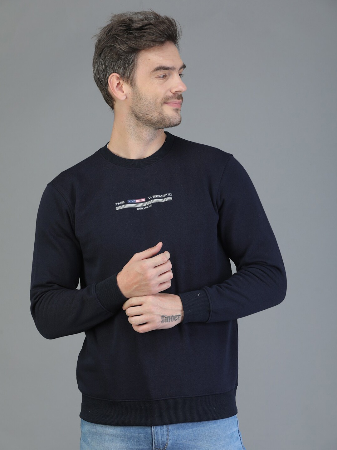 

TQS Round Neck Typography Printed Cotton Pullover, Navy blue