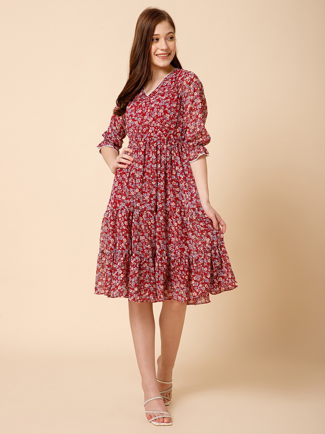 

Fbella Maroon Floral Printed Bell Sleeve Tiered Fit & Flare Dress