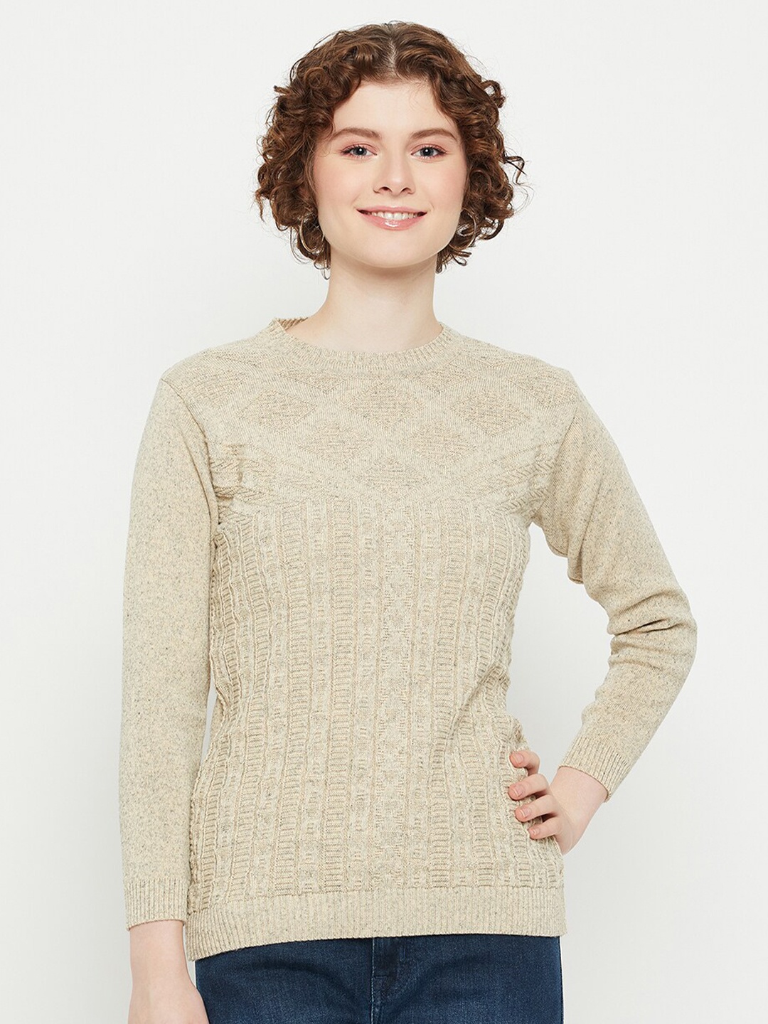 

KASMA Self Design Geometric Woollen Pullover, Beige