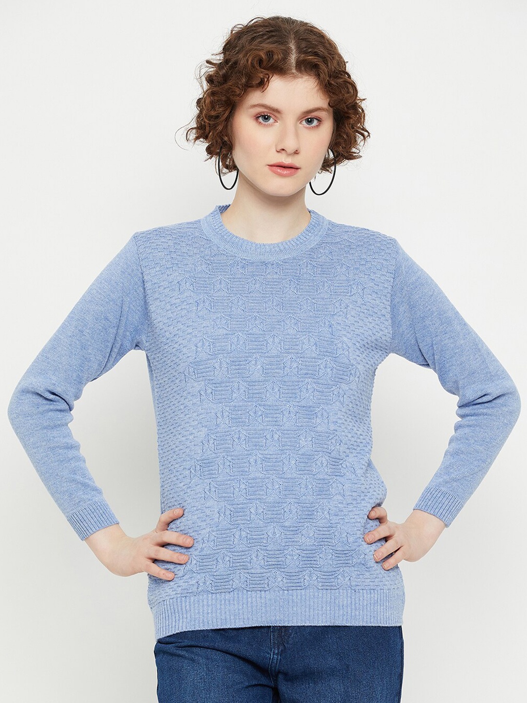 

KASMA Self Design Geometric Woollen Pullover, Blue