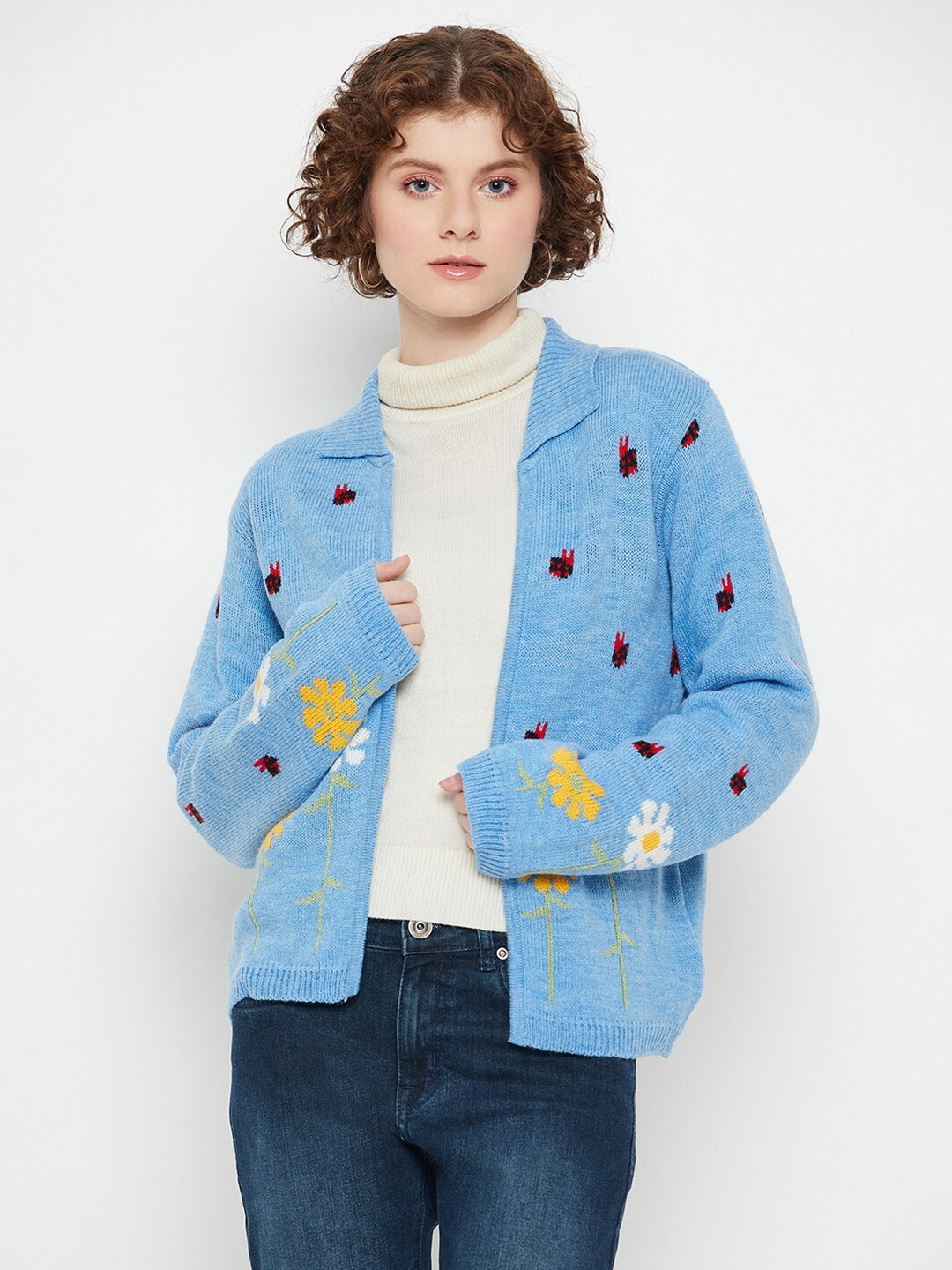 

KASMA Quirky Open Front Woollen Cardigan, Blue