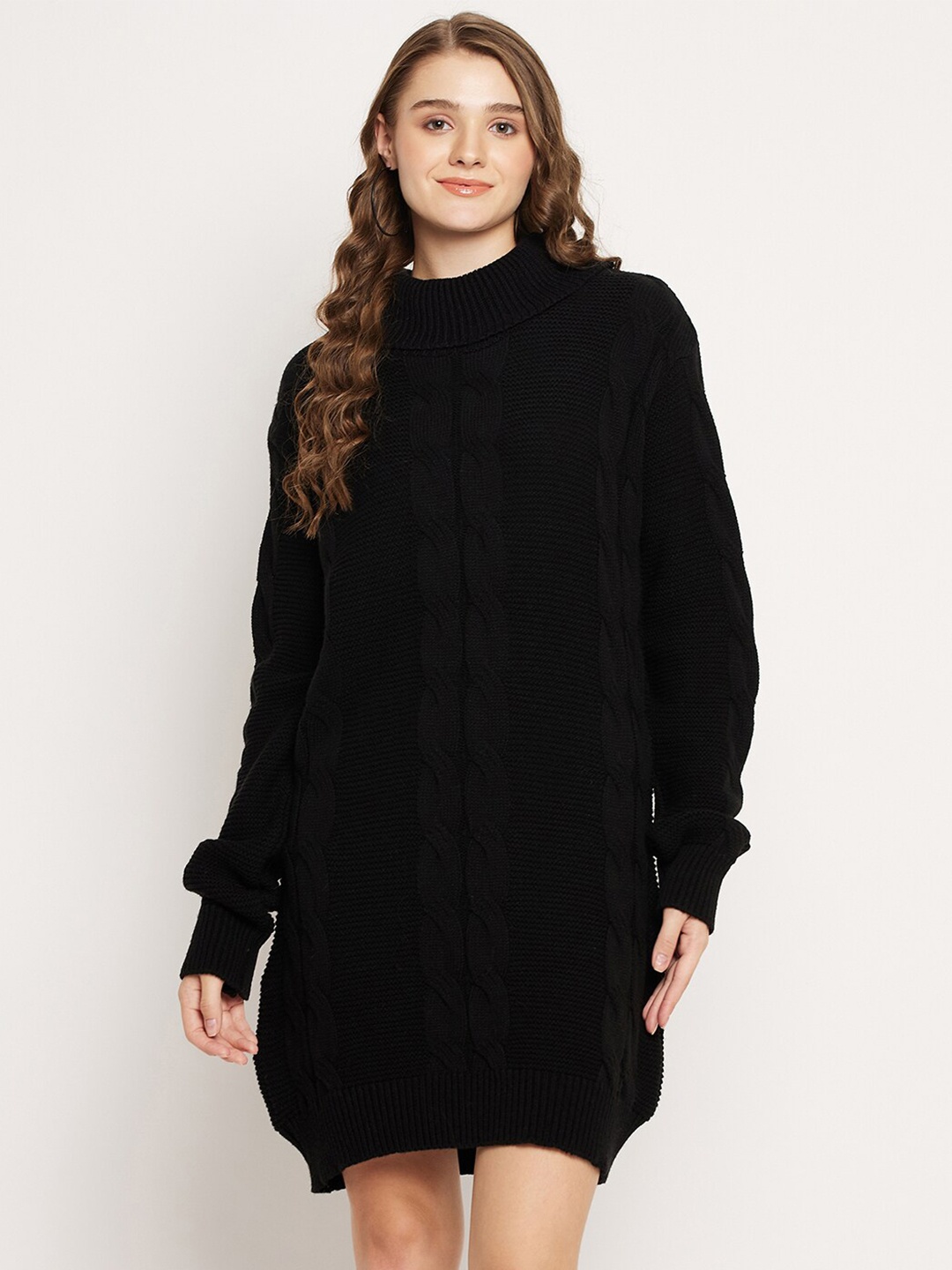 

KASMA Cable Knit Woollen Longline Pullover, Black