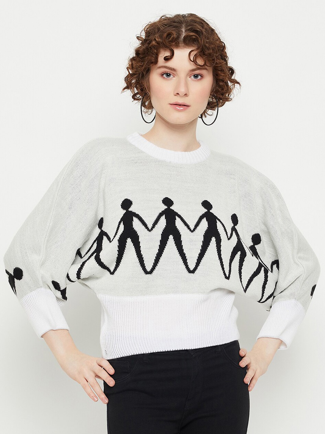 

KASMA Quirky Printed Woollen Pullover, Grey