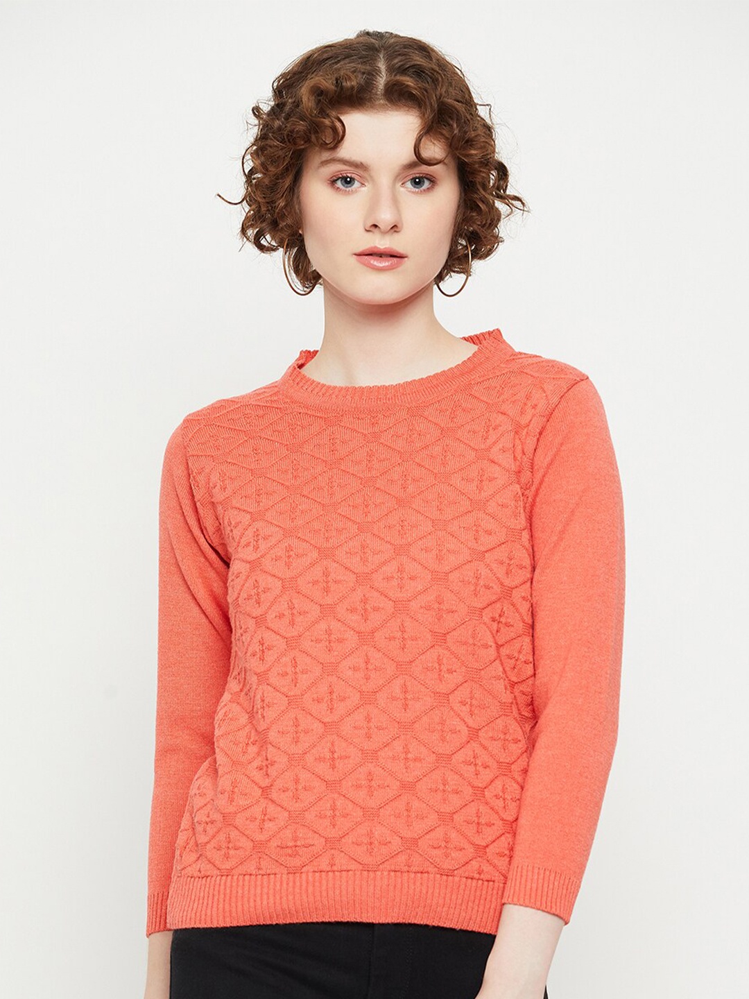 

KASMA Ethnic Self Design Wool Pullover Sweater, Peach