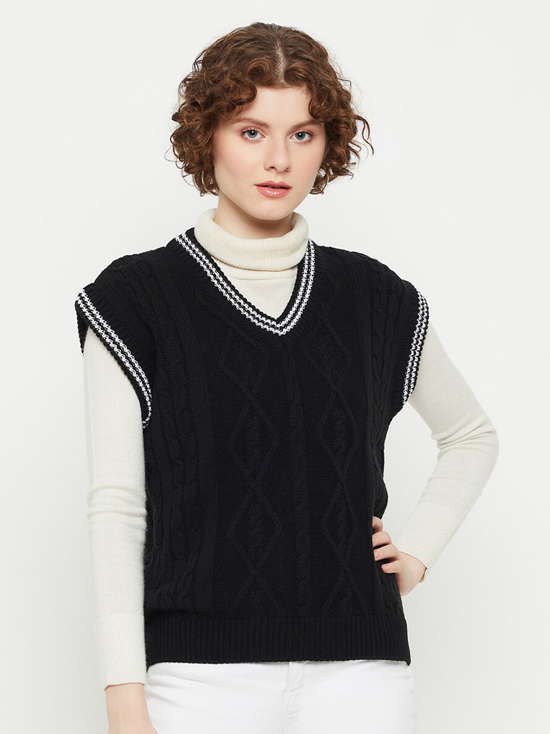 

KASMA Cable Knit V-Neck Woollen Sweater Vest, Black