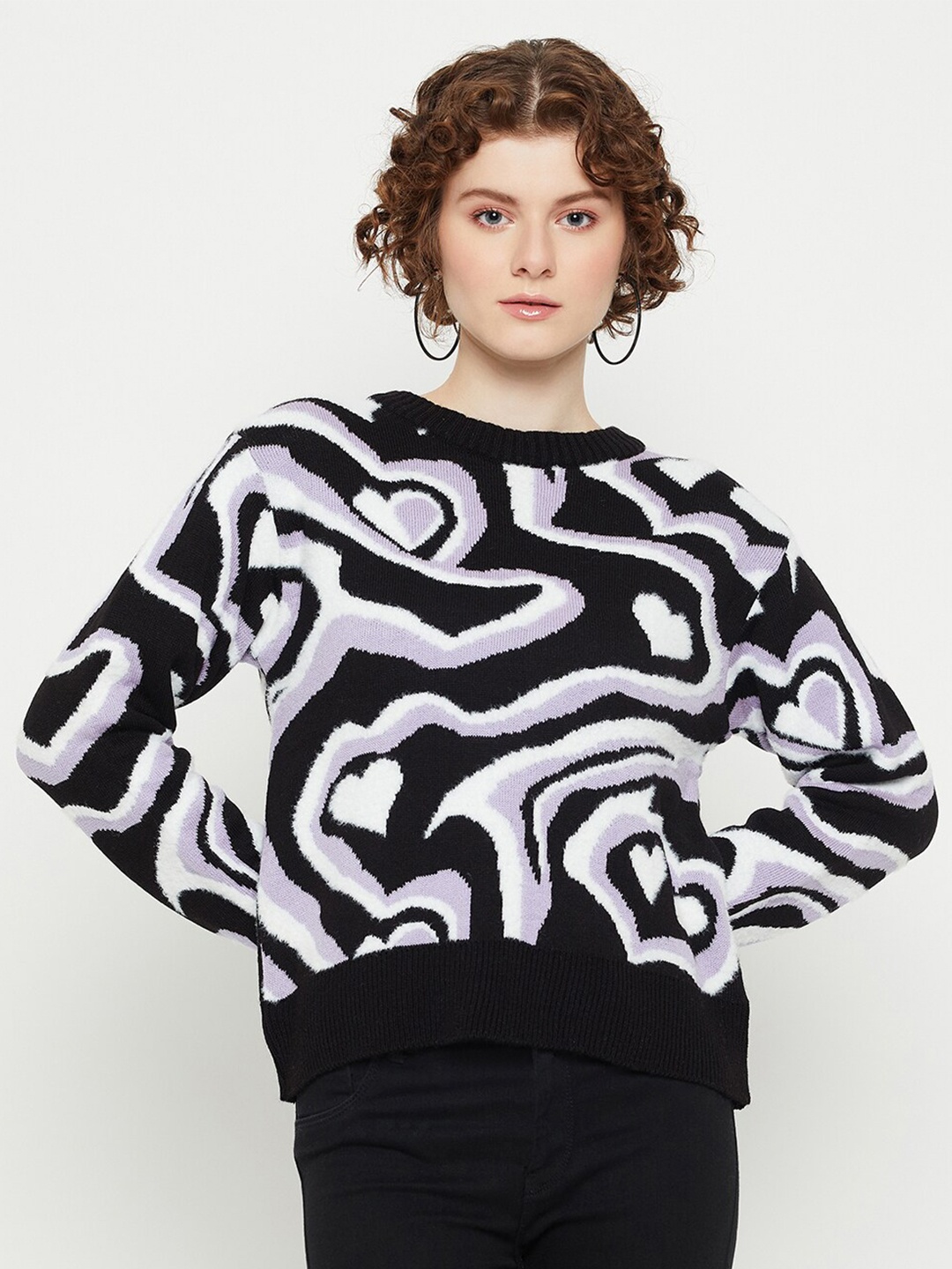 

KASMA Abstract Printed Woollen Pullover, Black