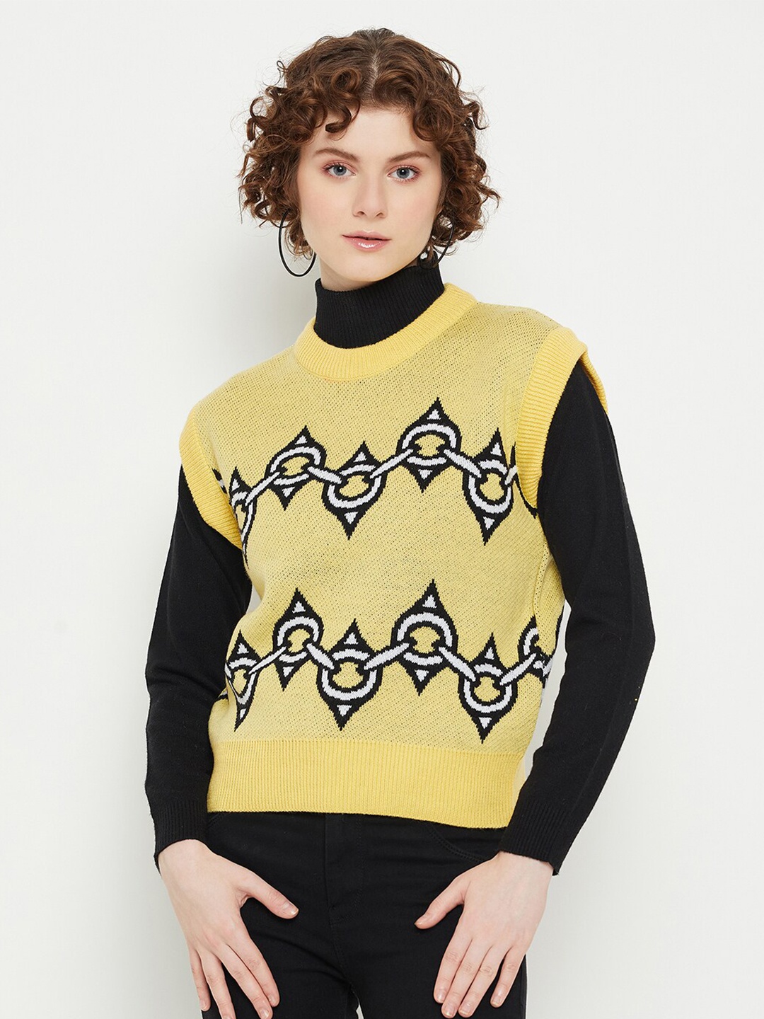 

KASMA Ethnic Motifs Printed Woollen Sweater Vest, Yellow