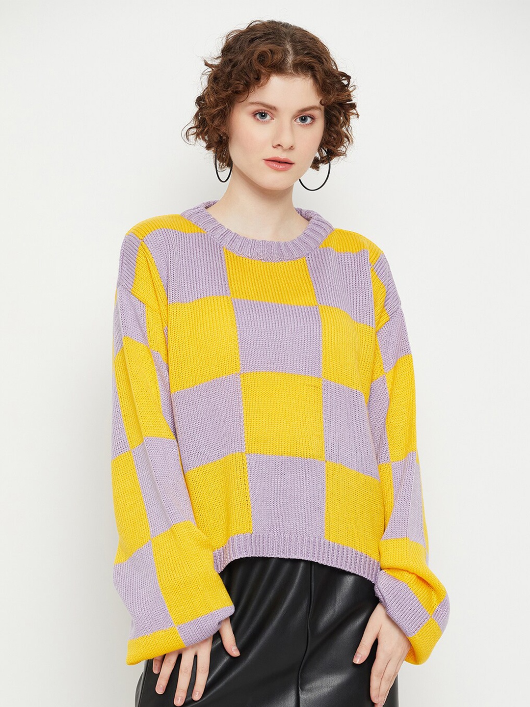 

KASMA Checked Wool Pullover Sweater, Yellow