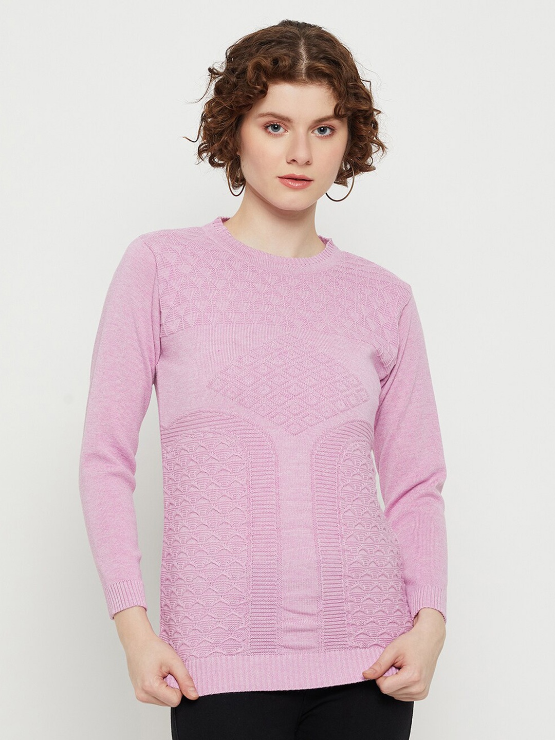 

KASMA Self Design Geometric Woollen Pullover, Purple