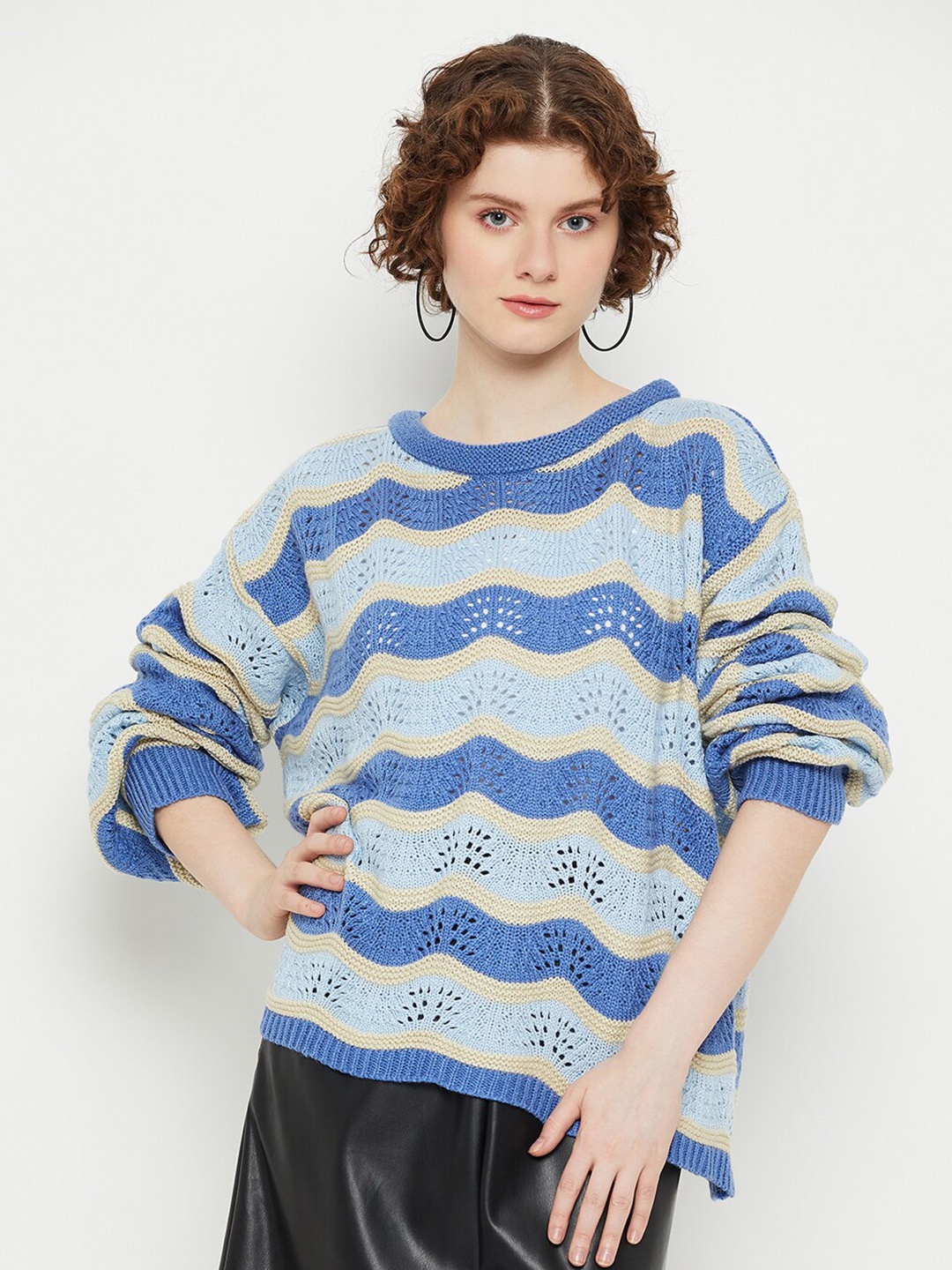 

KASMA Open Knit Self Design Woollen Pullover, Blue