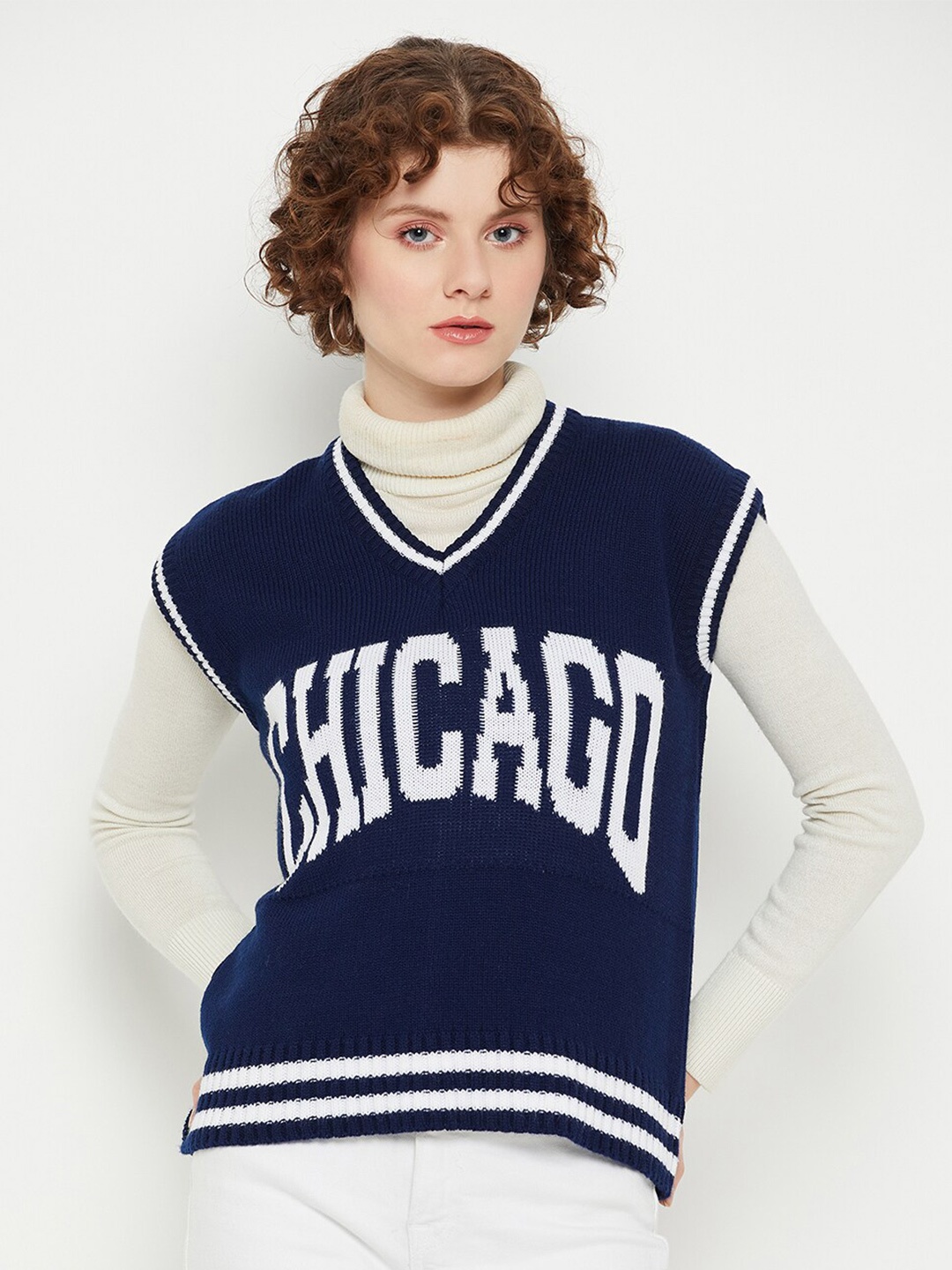 

KASMA Typography Printed Woollen Sweater Vest, Navy blue
