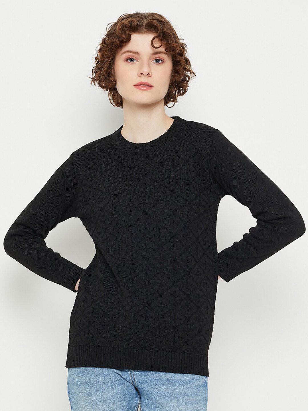 

KASMA Self Design Round Neck Woollen Pullover, Black