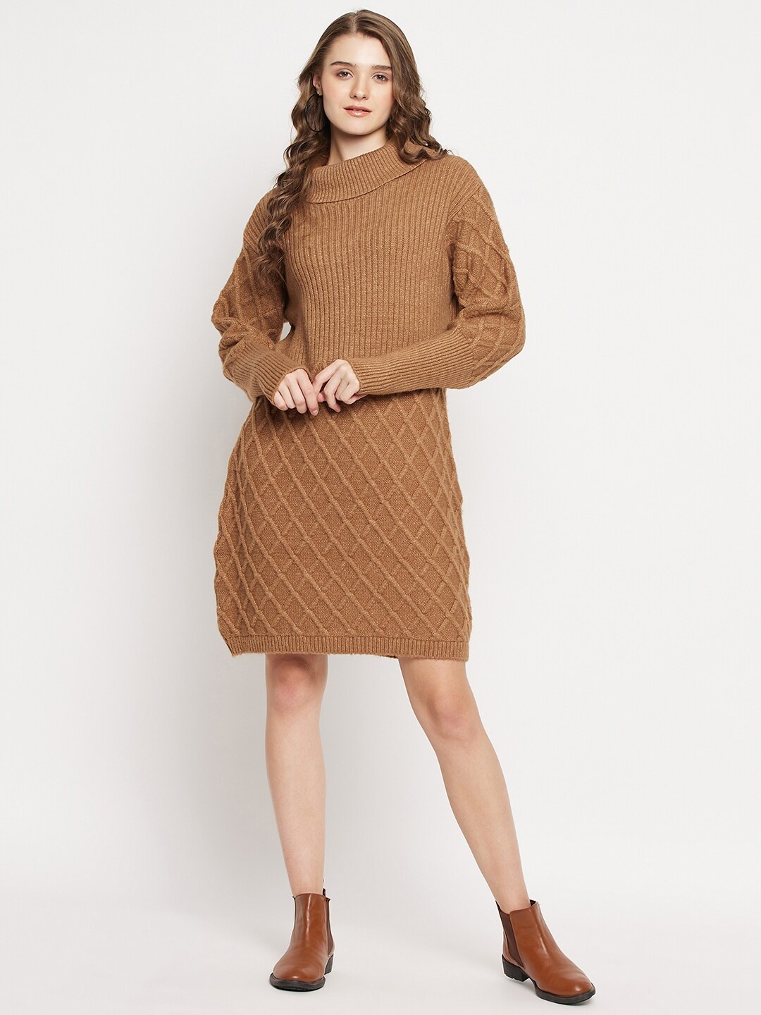 

KASMA Cable Knit Turtle Neck Longline Wool Pullover Sweater, Brown
