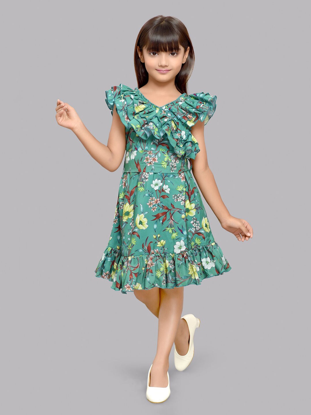 

Pink Chick Girls Floral Print Flutter Sleeves Ruffled Fit & Flare Dress, Green