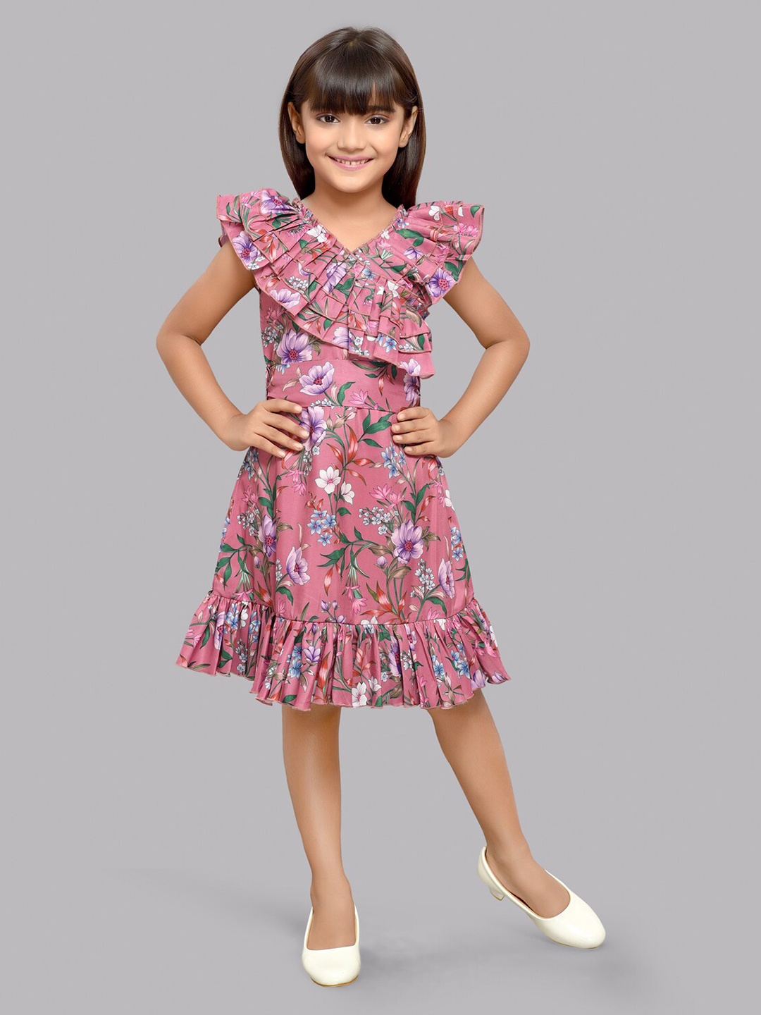 

Pink Chick Girls Floral Printed Ruffles Flutter Sleeve A Line Dress