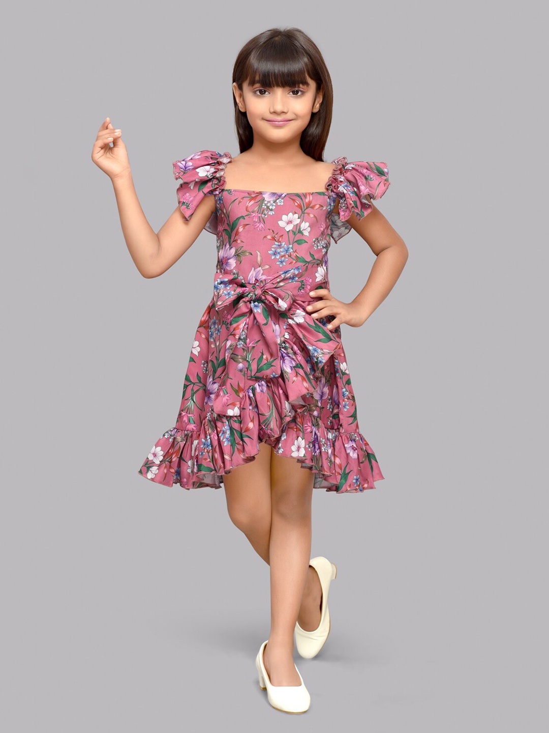 

Pink Chick Girls Floral Printed Flutter Sleeves Fit & Flare Dress