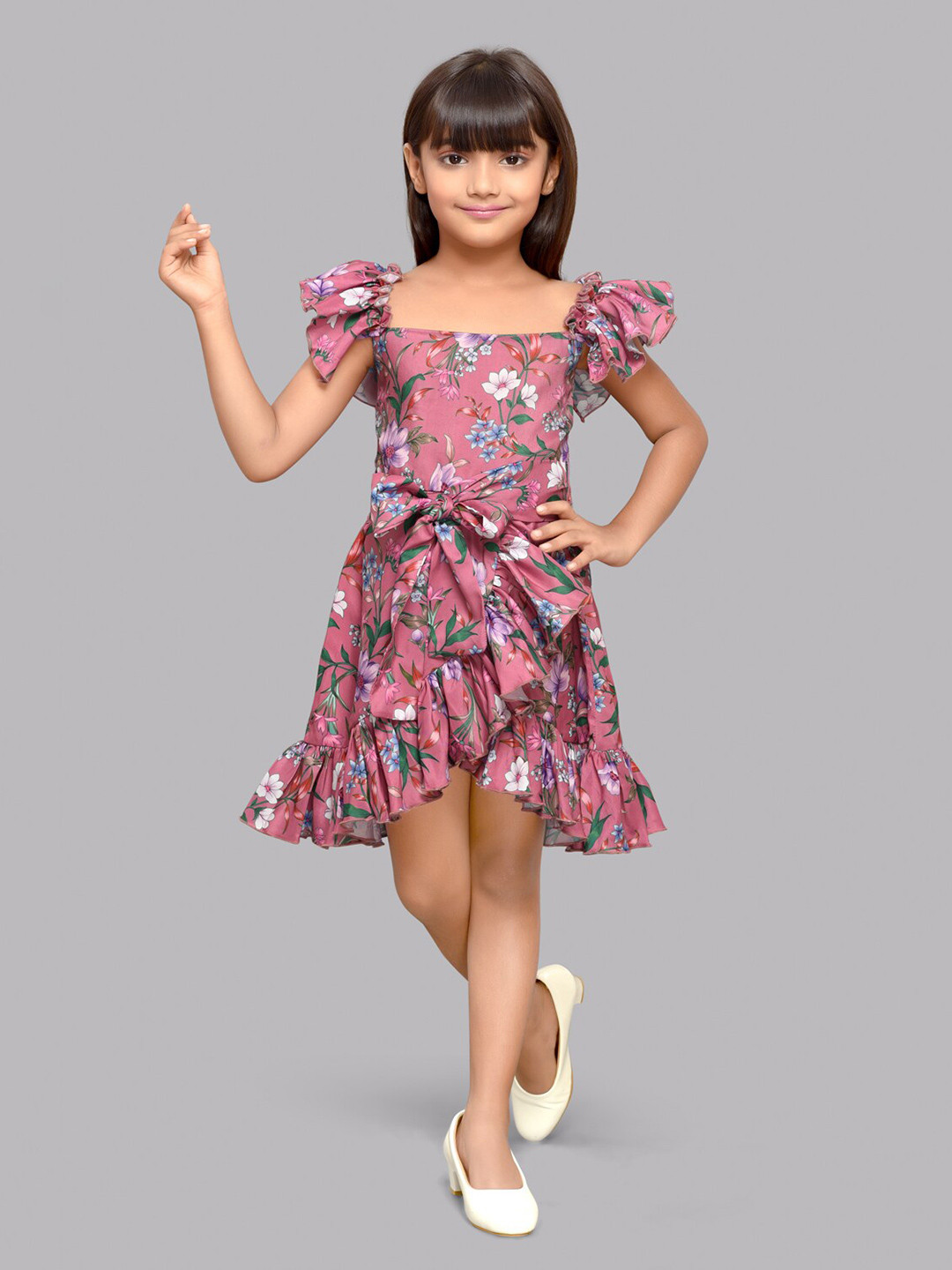 

Pink Chick Girls Floral Printed Flutter Sleeve A Line Dress