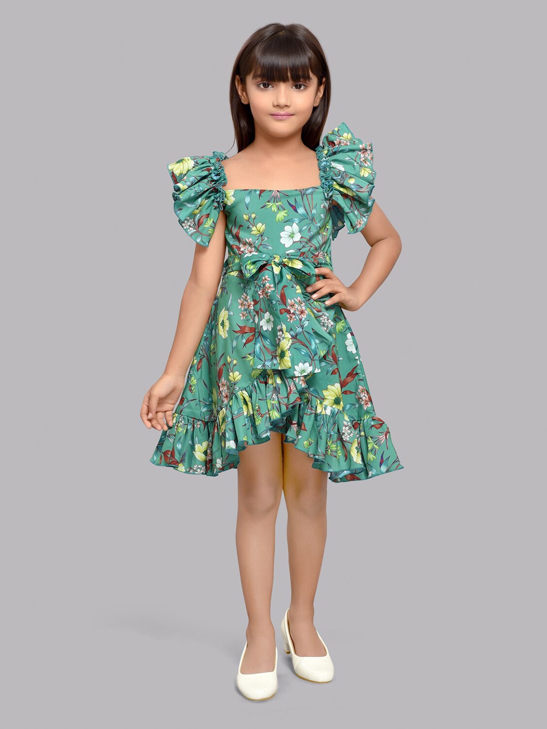 

Pink Chick Girls Floral Printed Flutter Sleeve A Line Dress, Green