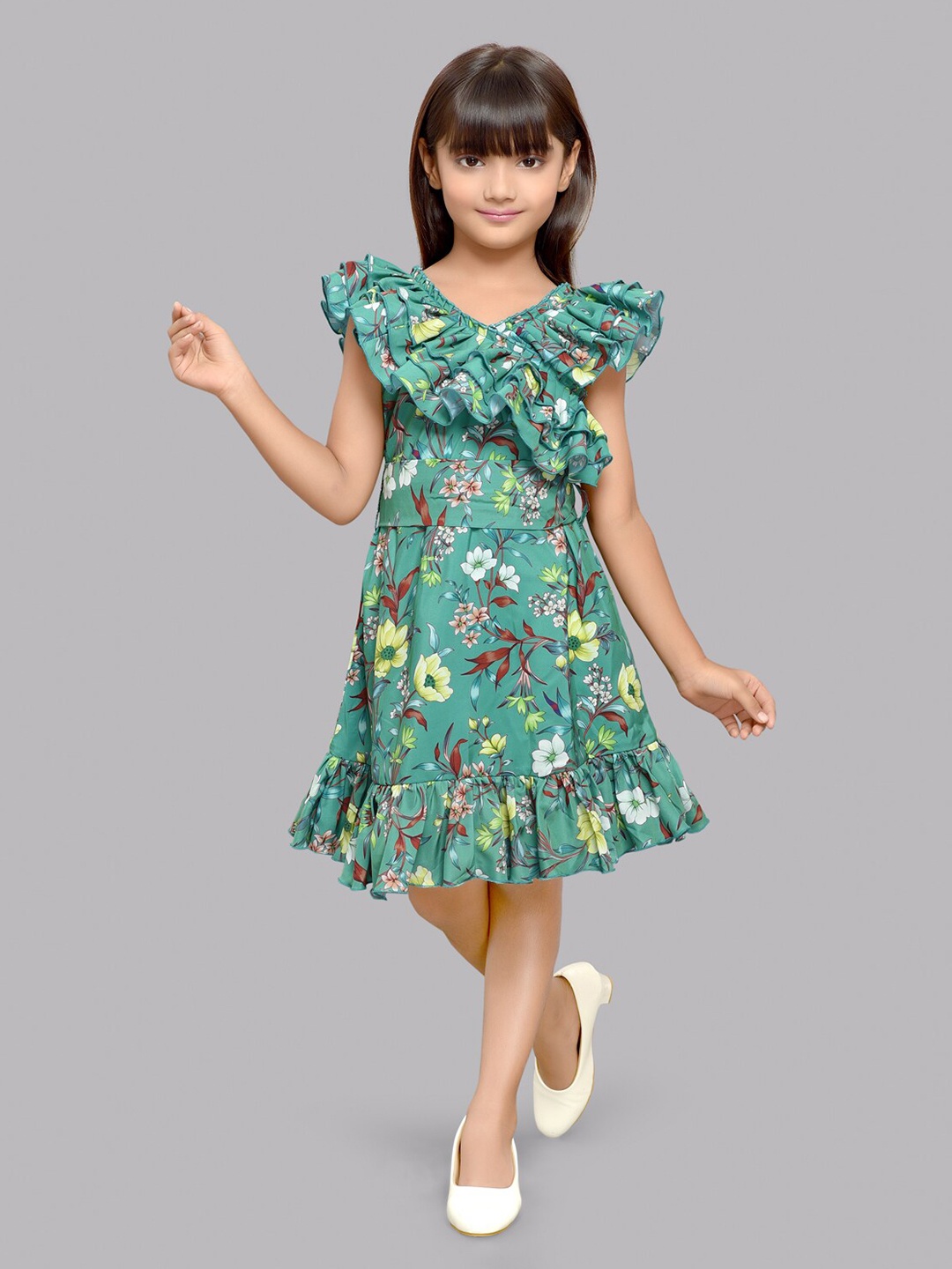 

Pink Chick Girls Floral Printed Flutter Sleeves Ruffled Fit & Flare Dress, Green