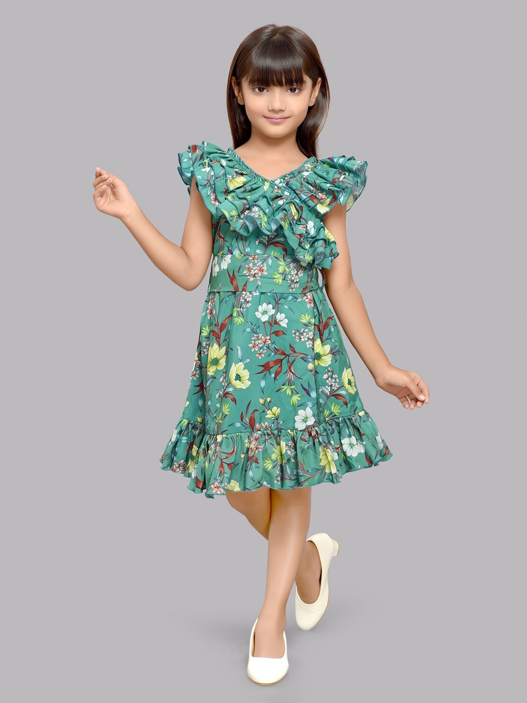 

Pink Chick Girls Floral Printed Ruffles V-Neck Fit and Flare Dress, Green