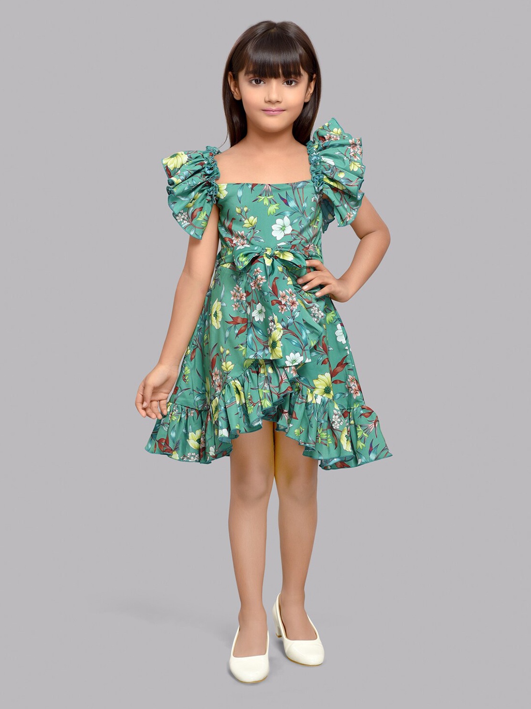 

Pink Chick Girls Floral Printed Flutter Sleeve Fit & Flare Dress, Green