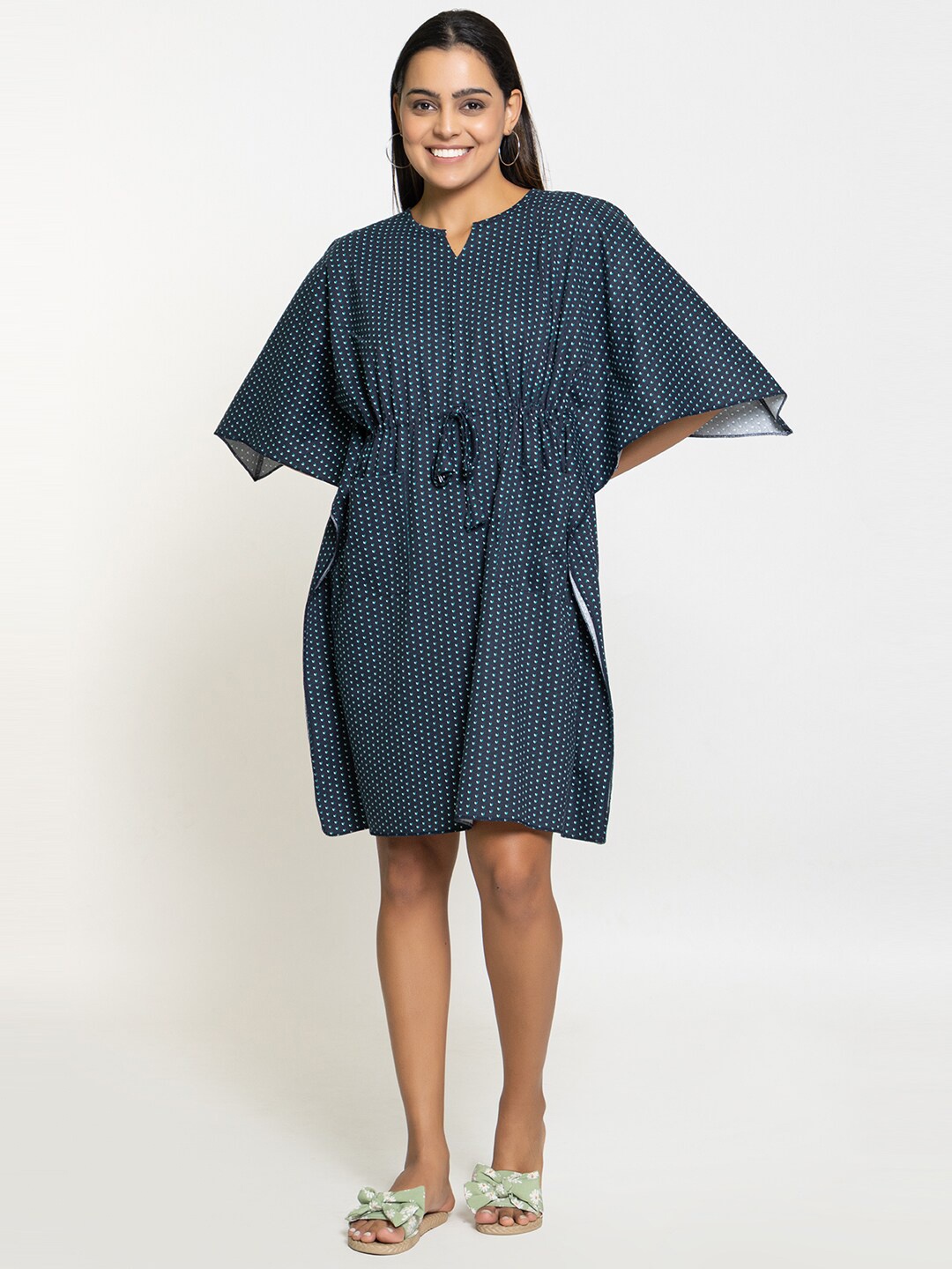 

Night Platter Geometric Printed Pure Cotton Kaftan Nightdress, Blue