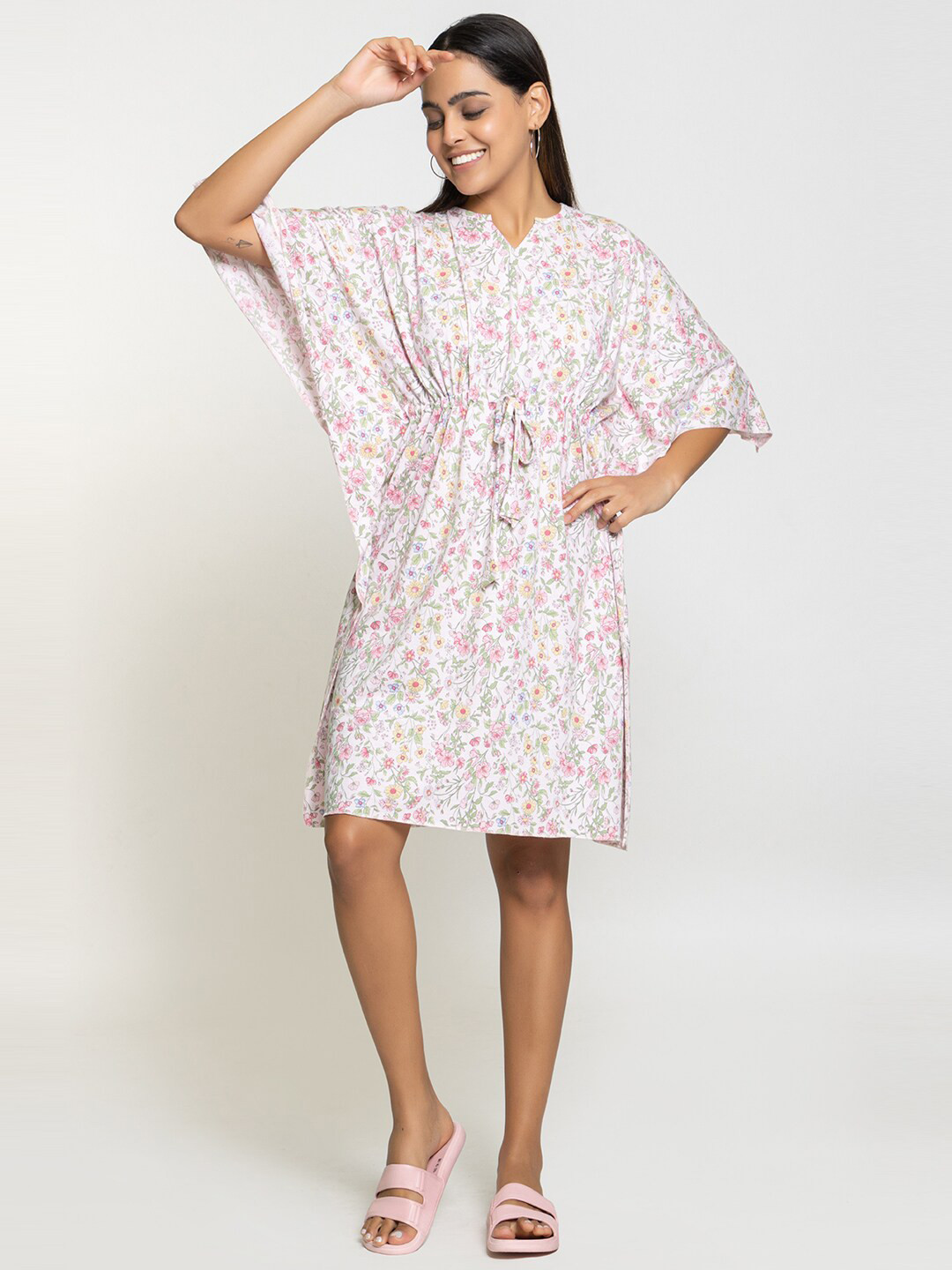 

Night Platter Floral Printed Pure Cotton Kaftan Nightdress, White