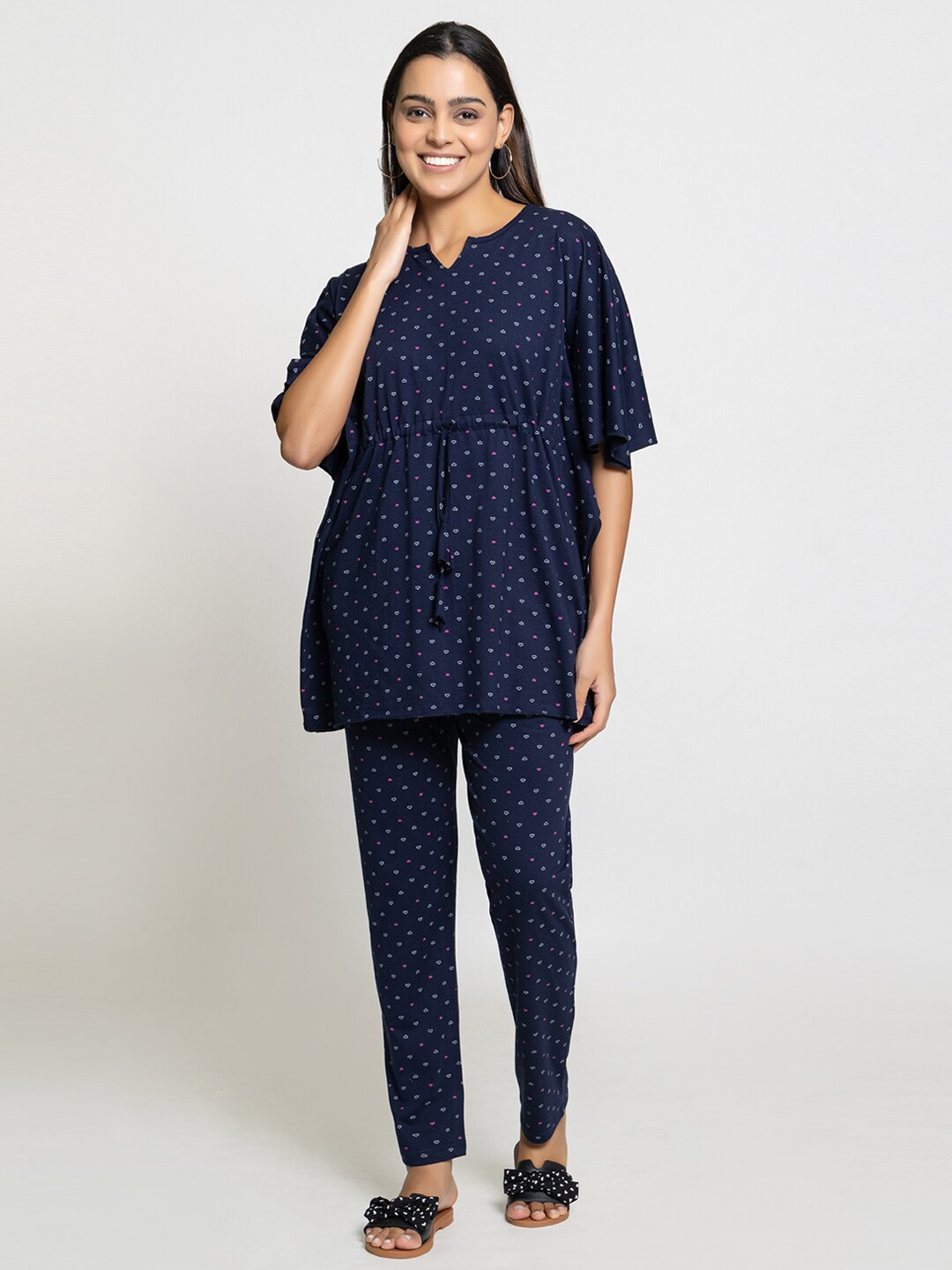 

Night Platter Conversational Printed Kaftan With Pyjamas, Navy blue