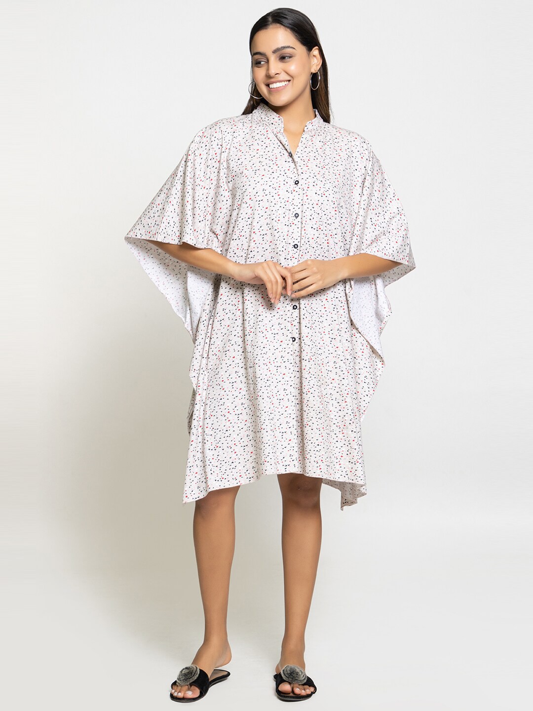 

Night Platter Geometric Printed Pure Cotton Kaftan Nightdress, Off white