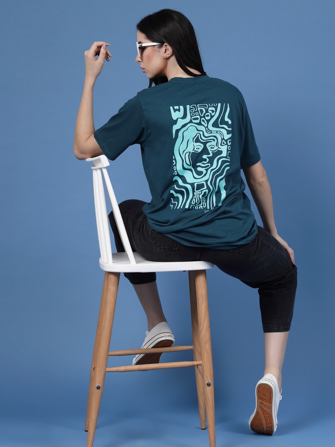 

Graphic Printed Drop-Shoulder Sleeves Pure Cotton T-shirt, Teal