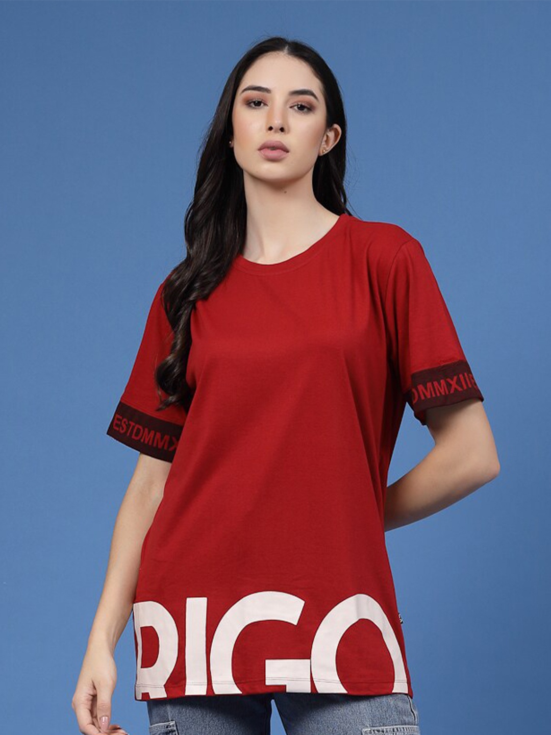 

Rigo Typography Printed Oversized Cotton T-Shirt, Maroon