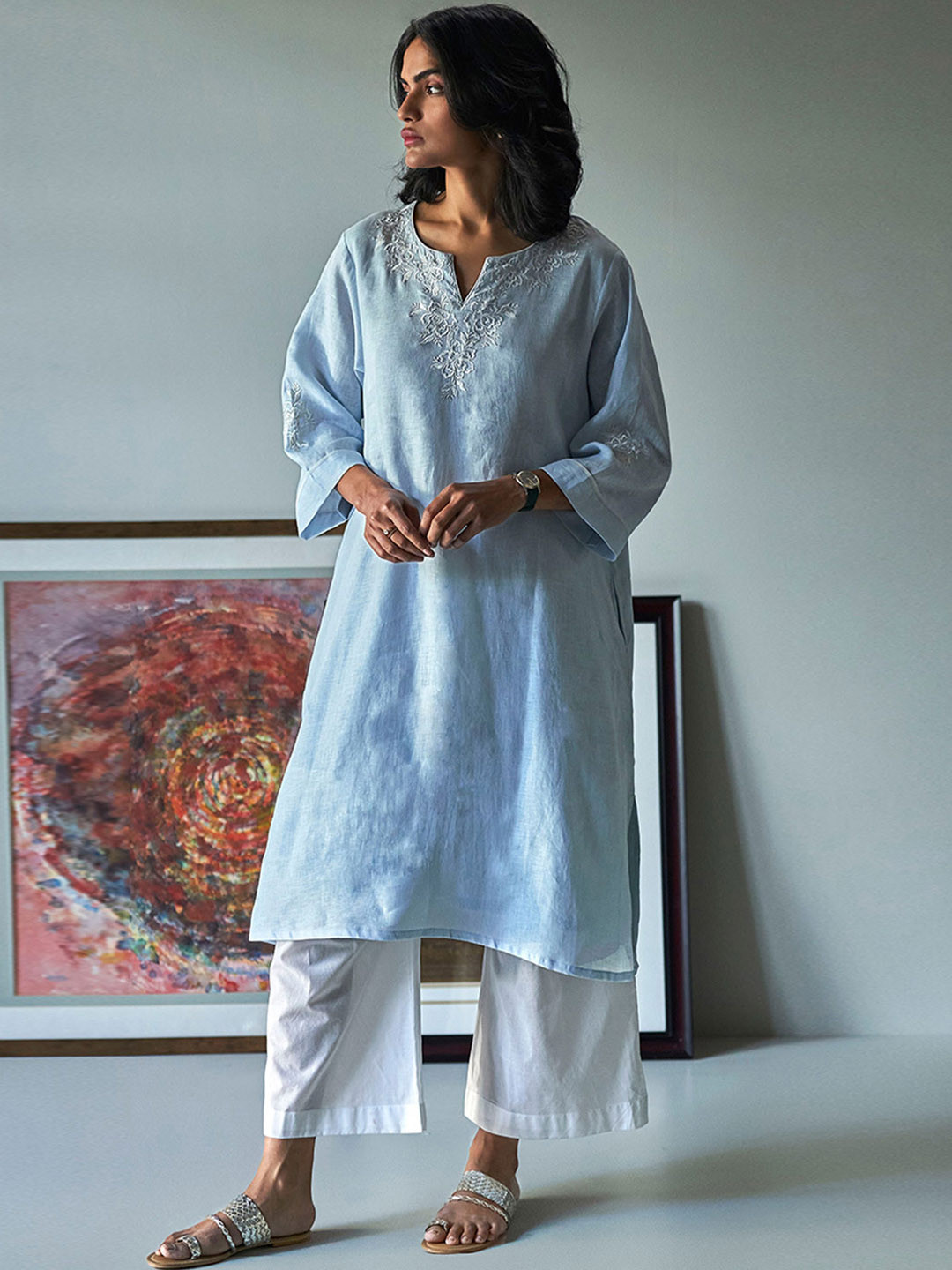 

Ganga Floral Yoke Design Thread Work Straight Linen Kurta With Palazzos, Blue