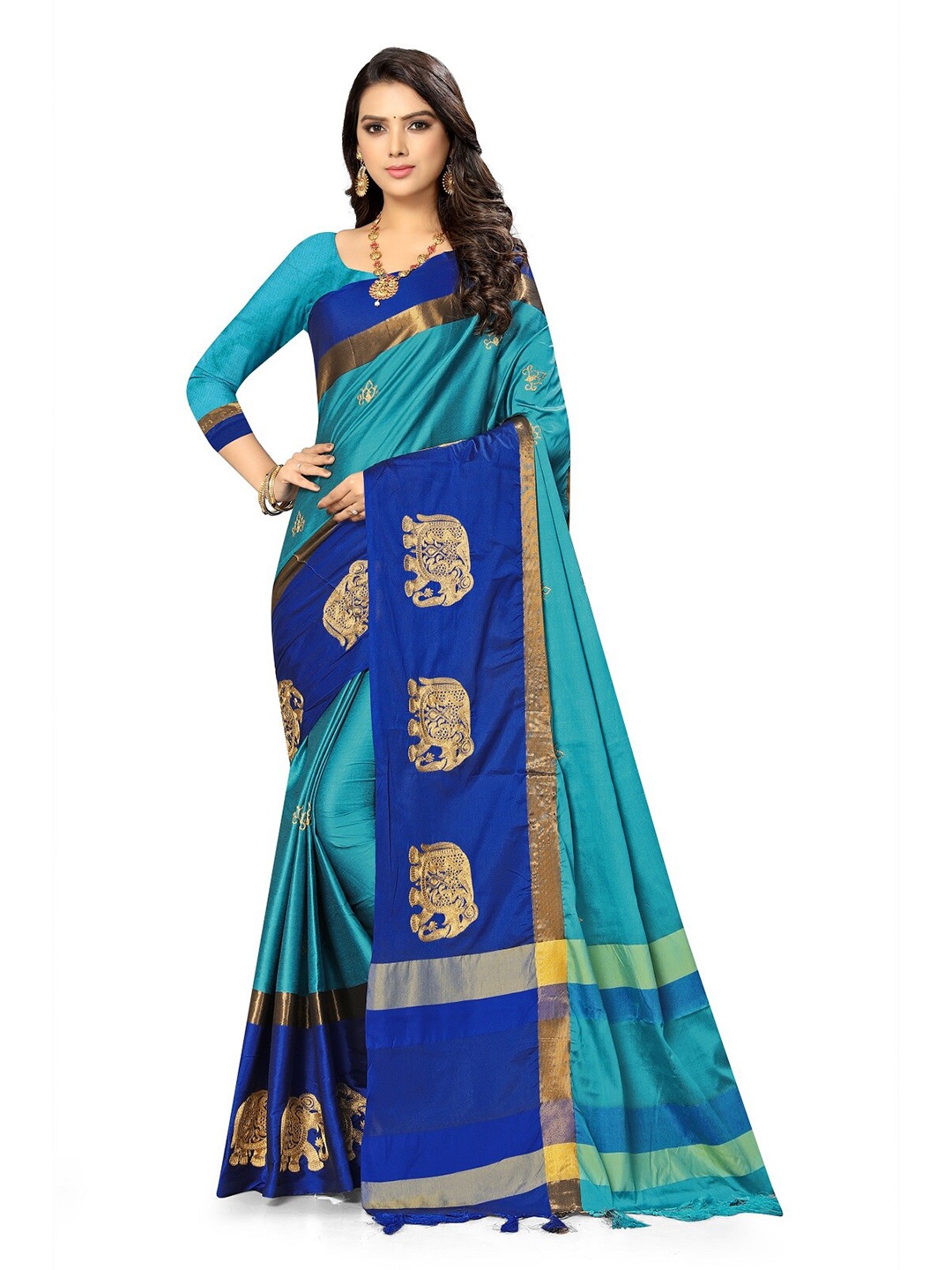 

KALINI Ethnic Motifs Woven Design Zari Silk Cotton Banarasi Saree, Blue