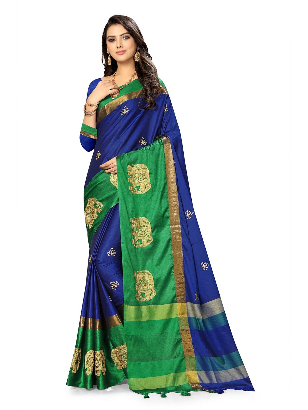 

KALINI Ethnic Motifs Embroidered Silk Cotton Banarasi Saree, Navy blue