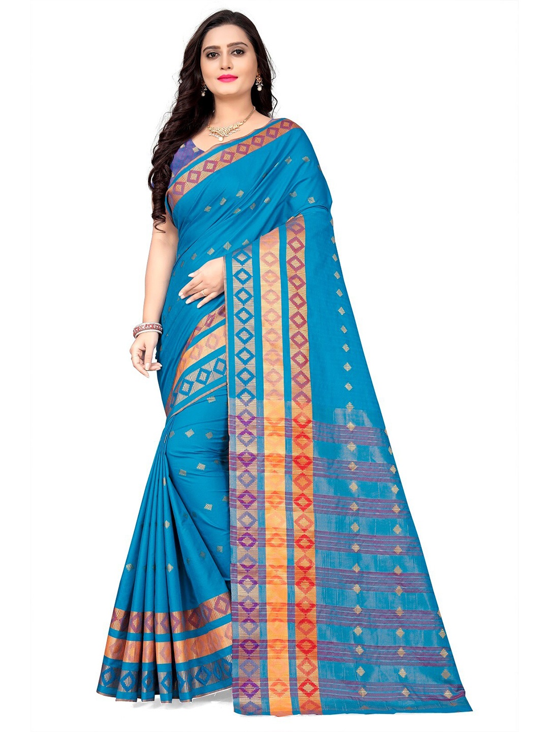 

KALINI Woven Design Zari Silk Cotton Saree, Teal