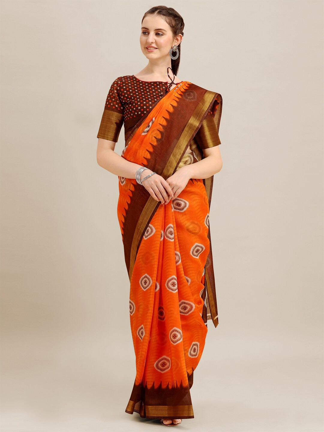 

KALINI Ethnic Motifs Printed Zari Saree, Orange