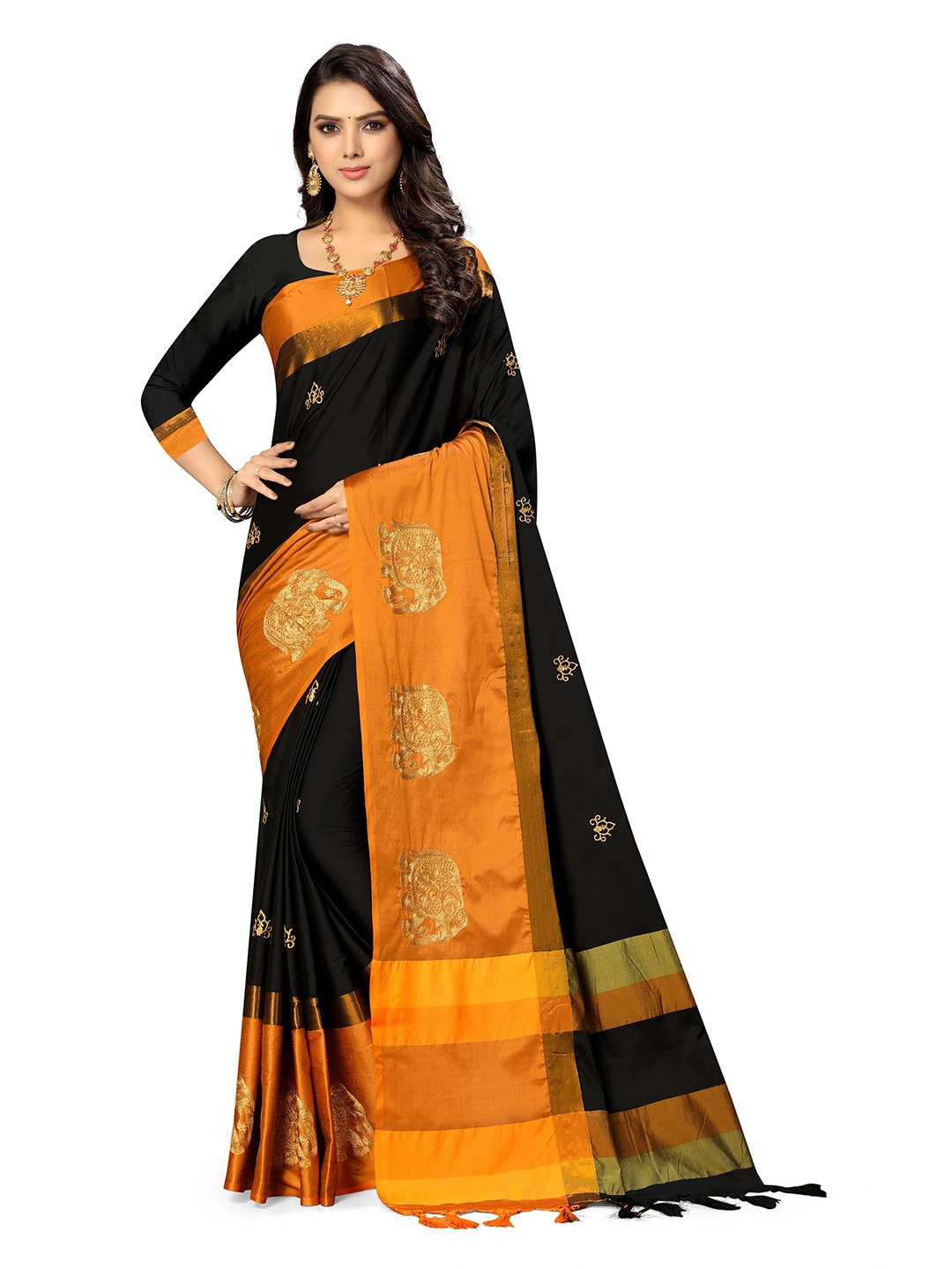 

KALINI Ethnic Motifs Zari Silk Cotton Banarasi Saree, Black