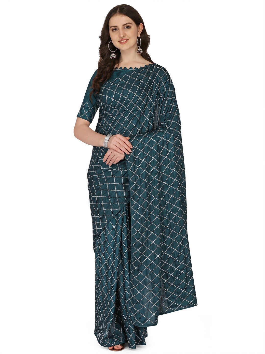 

KALINI Checked Sequinned Pure Silk Saree, Teal