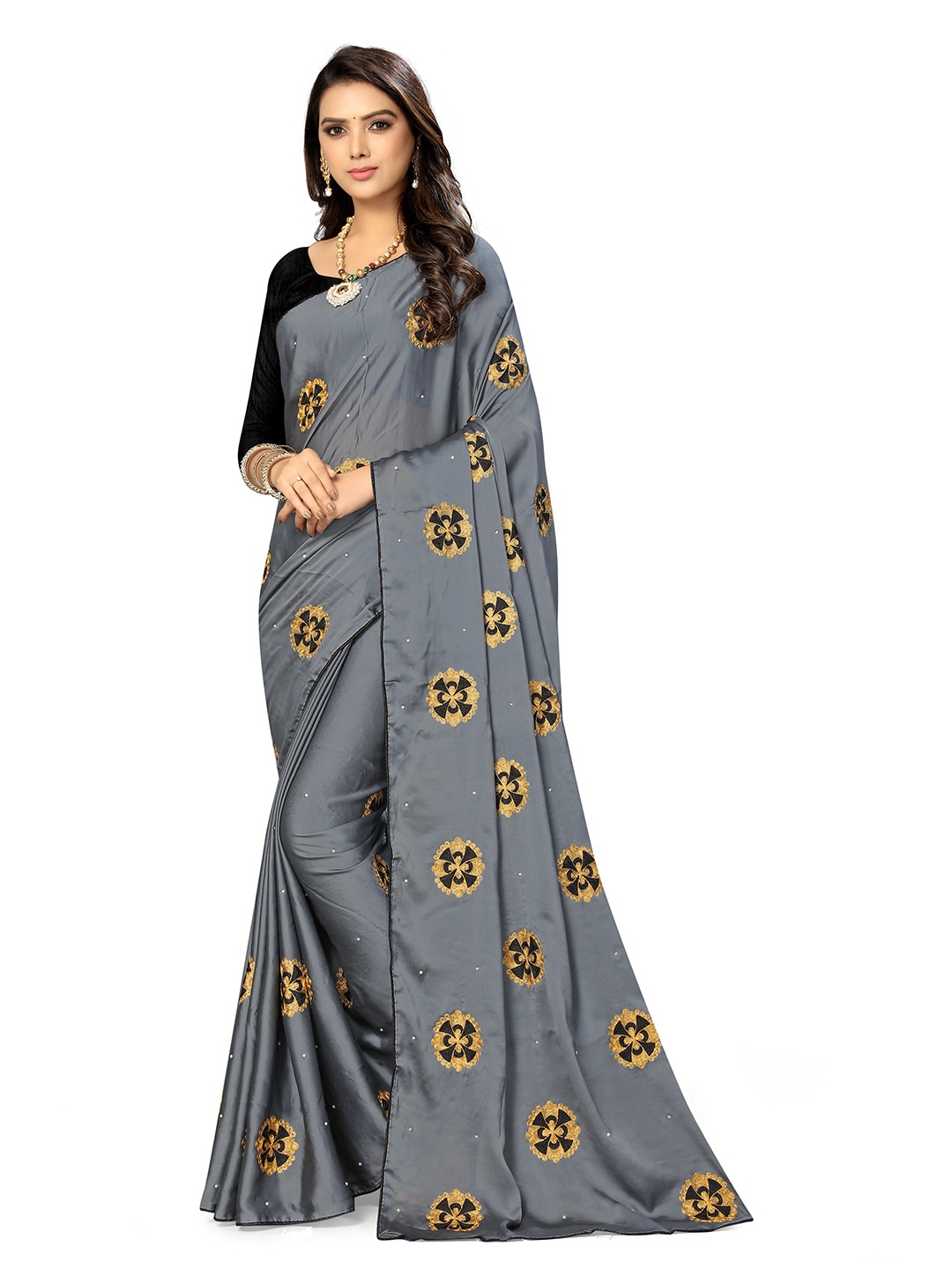 

KALINI Floral Embroidered Pure Silk Saree, Grey