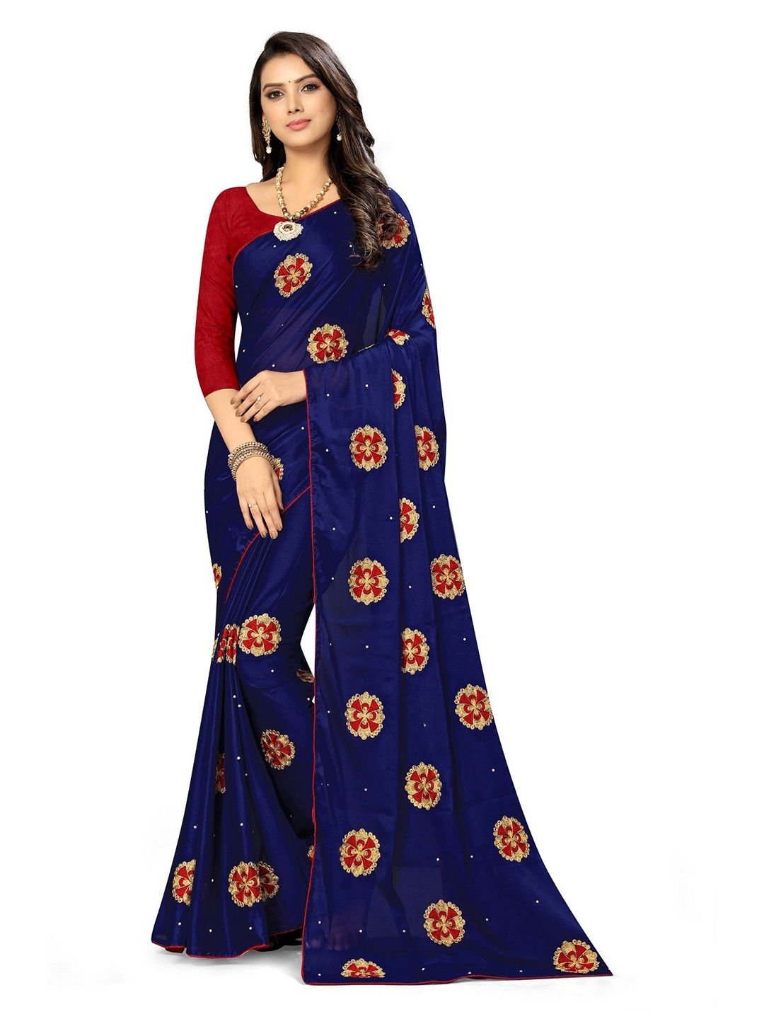

KALINI Ethnic Motifs Embroidered Pearl Detail Rangoli Saree, Blue
