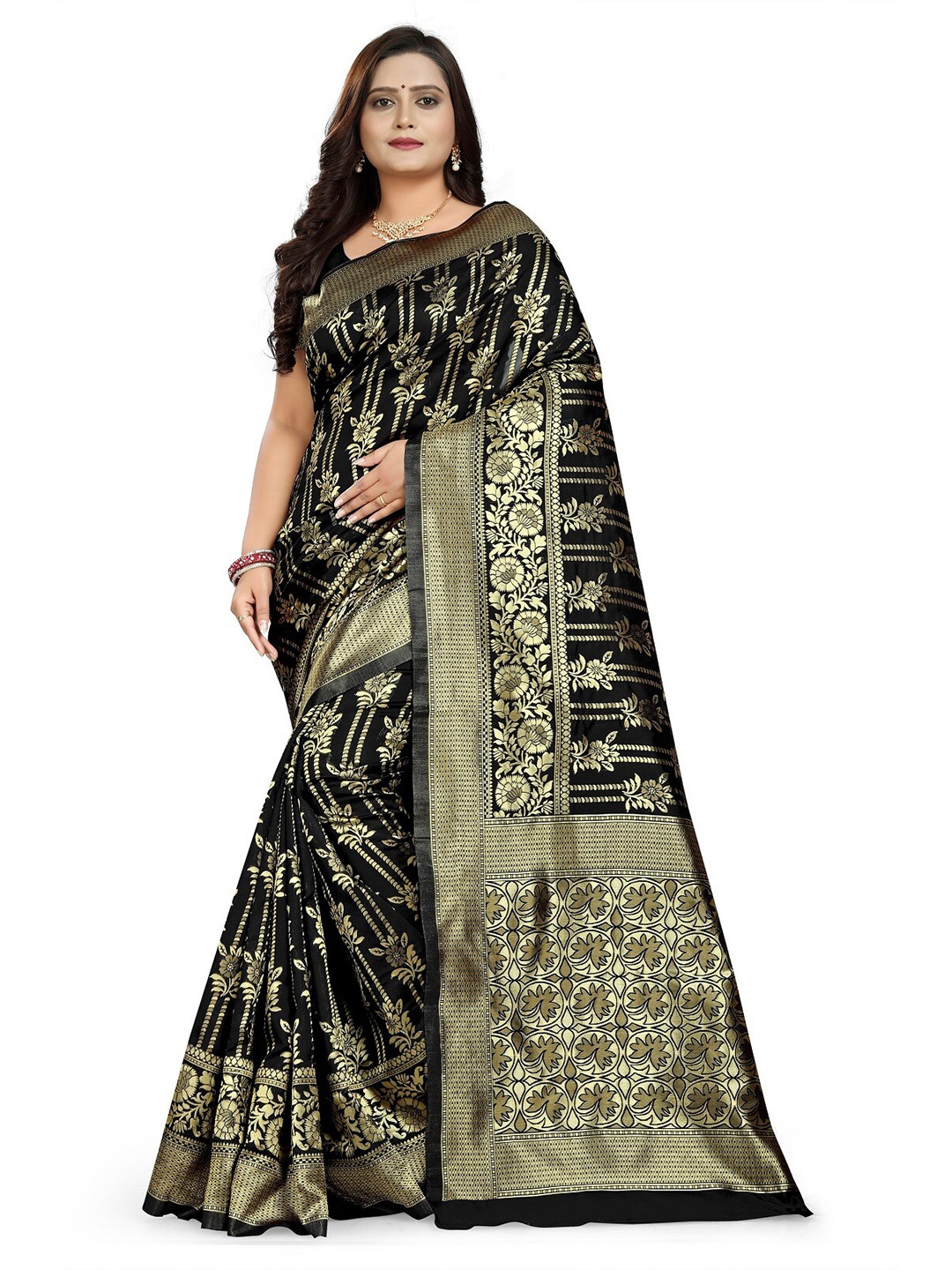 

KALINI Ethnic Motifs Woven Design Zari Pure Cotton Saree, Black