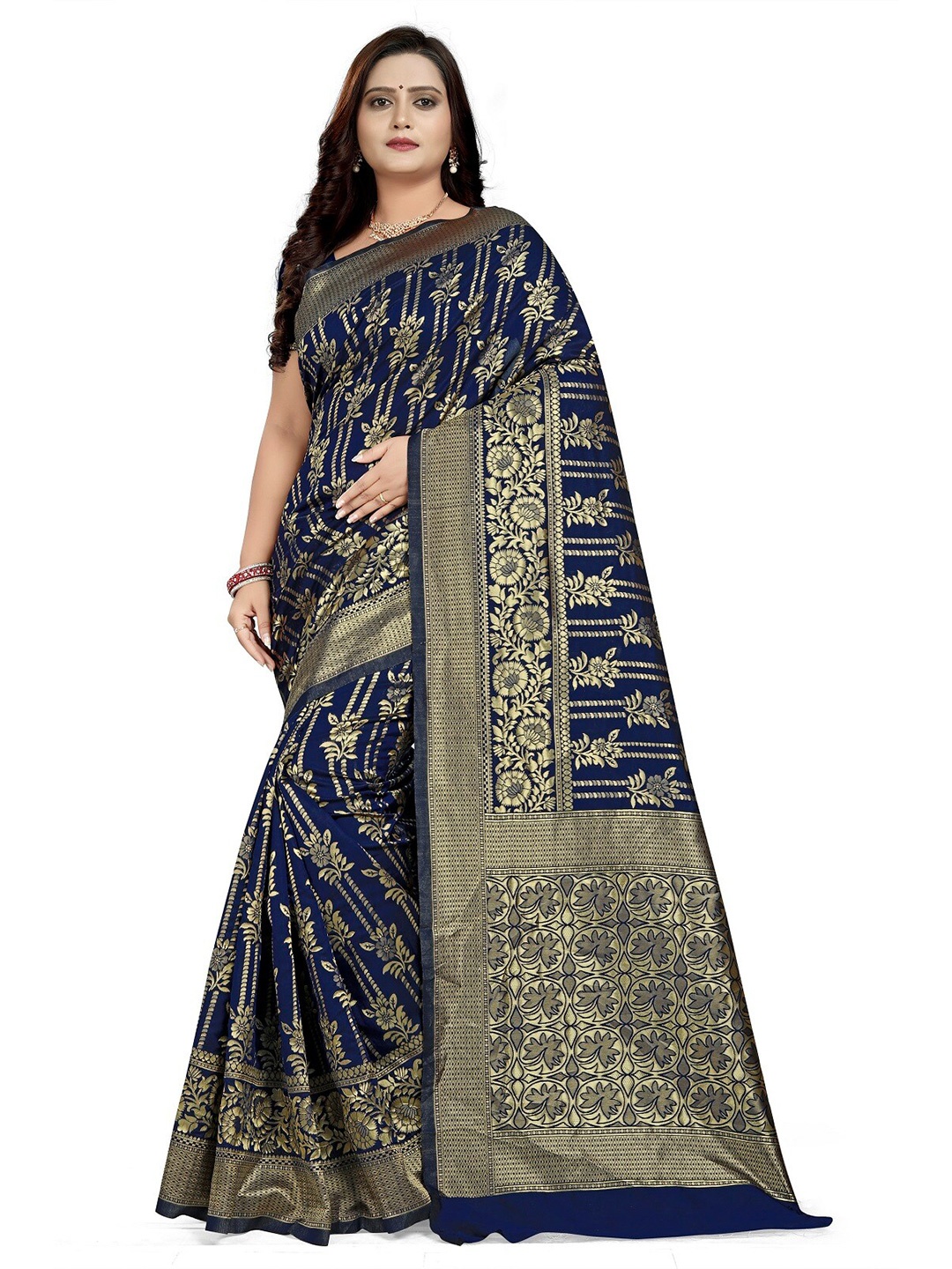 

KALINI Ethnic Motifs Woven Design Zari Pure Cotton Saree, Navy blue