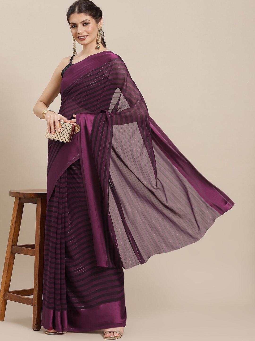 

KALINI Striped Silk Blend Saree, Purple