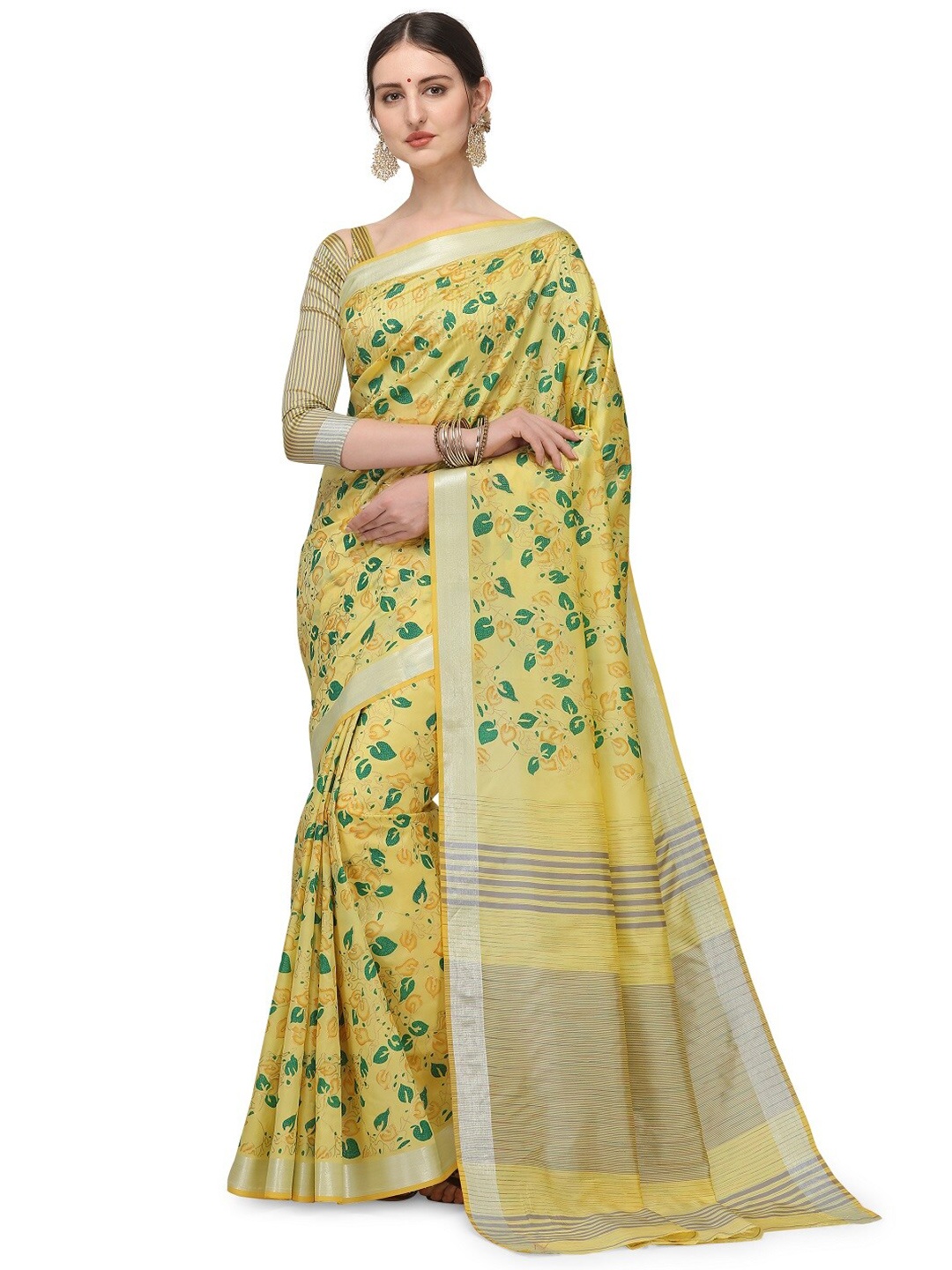 

KALINI Floral Printed Zari Detailed Silk Cotton Saree, Yellow